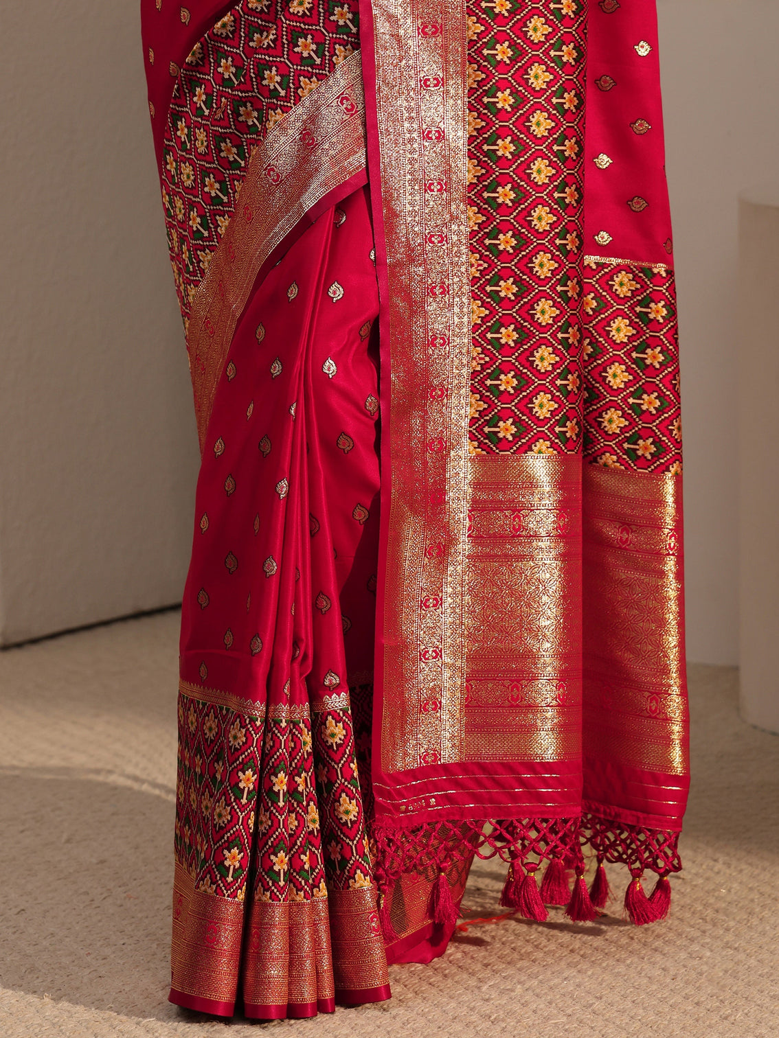 Mameraa Vermillion Red Woven Design Satin Saree