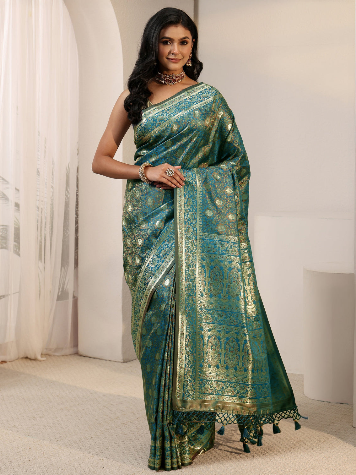 Mameraa Aqua Blue Banarasi Silk Blend Saree