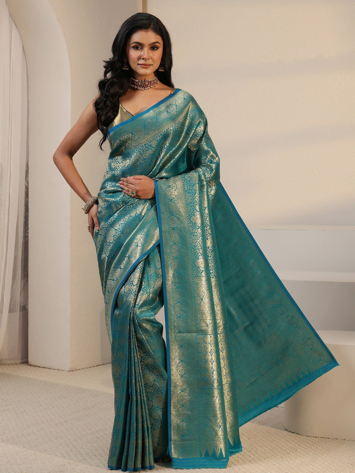 Mameraa Aqua Blue Woven Design Silk Blend Saree
