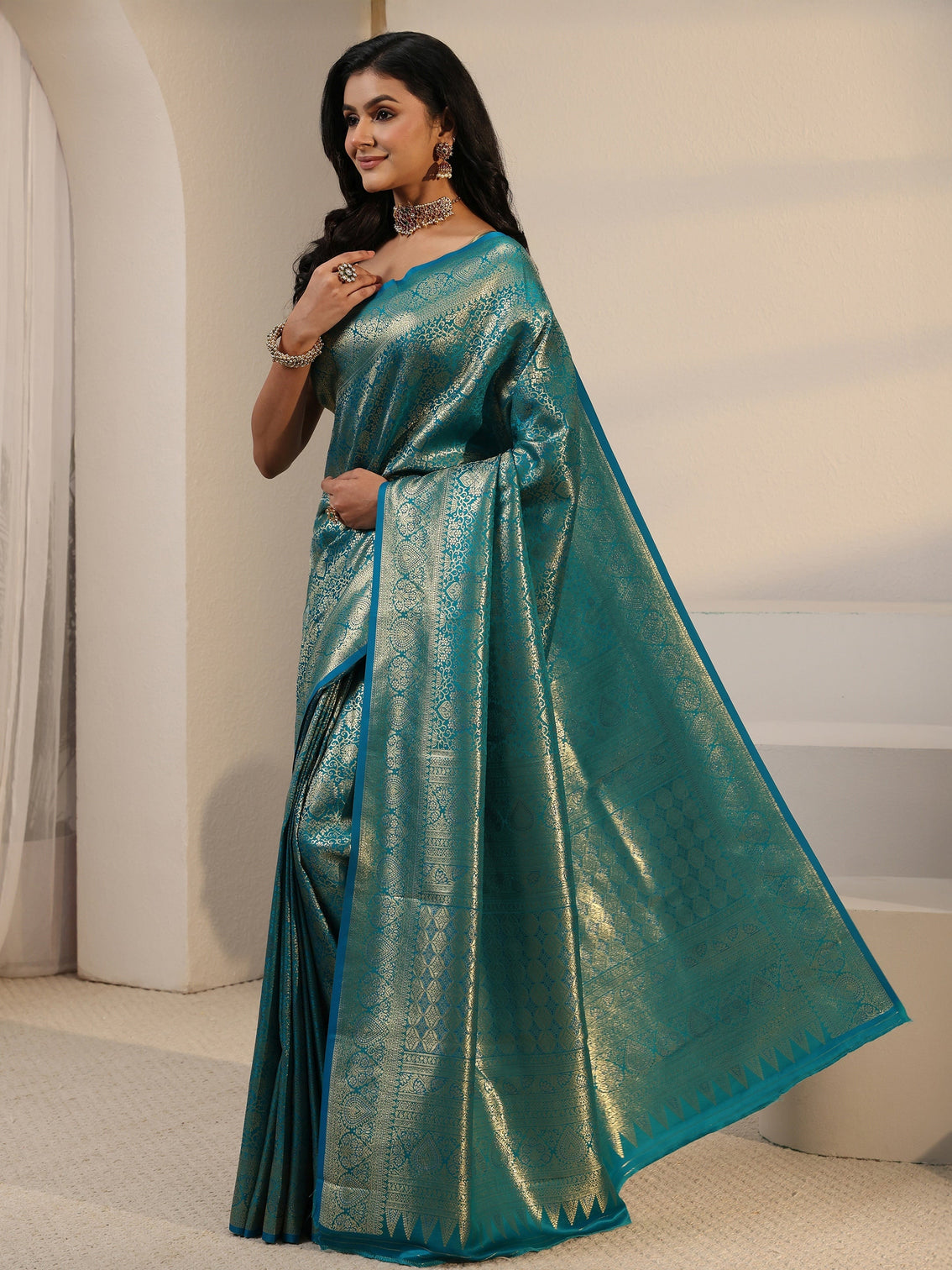Mameraa Aqua Blue Woven Design Silk Blend Saree