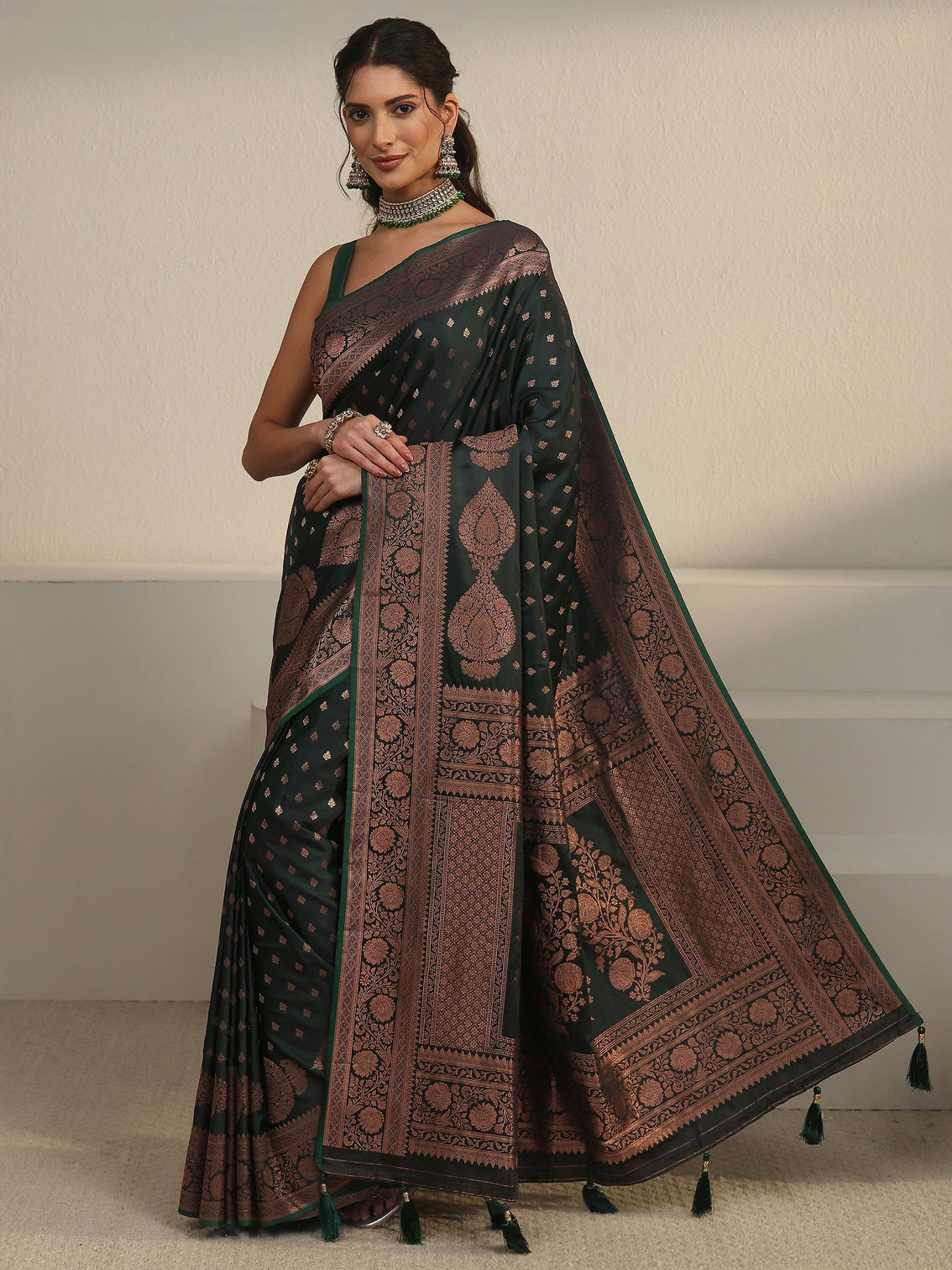 Mameraa Jungle Green Banarasi Satin Saree