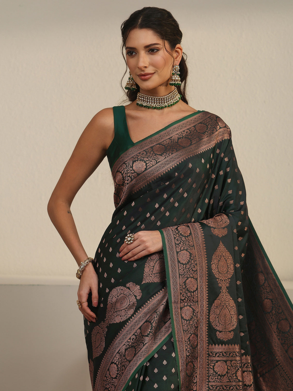 Mameraa Jungle Green Banarasi Satin Saree