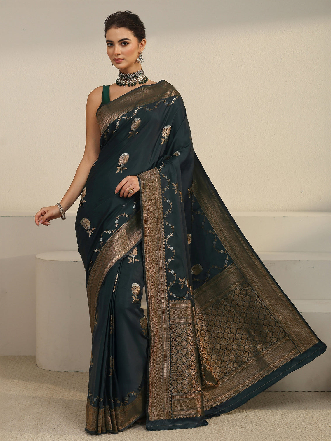 Mameraa Pine Green Banarasi Satin Saree