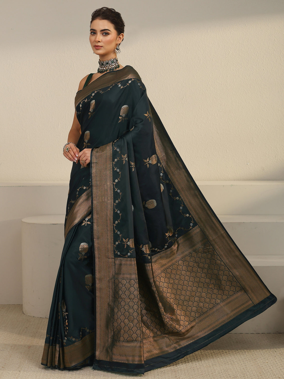Mameraa Pine Green Banarasi Satin Saree
