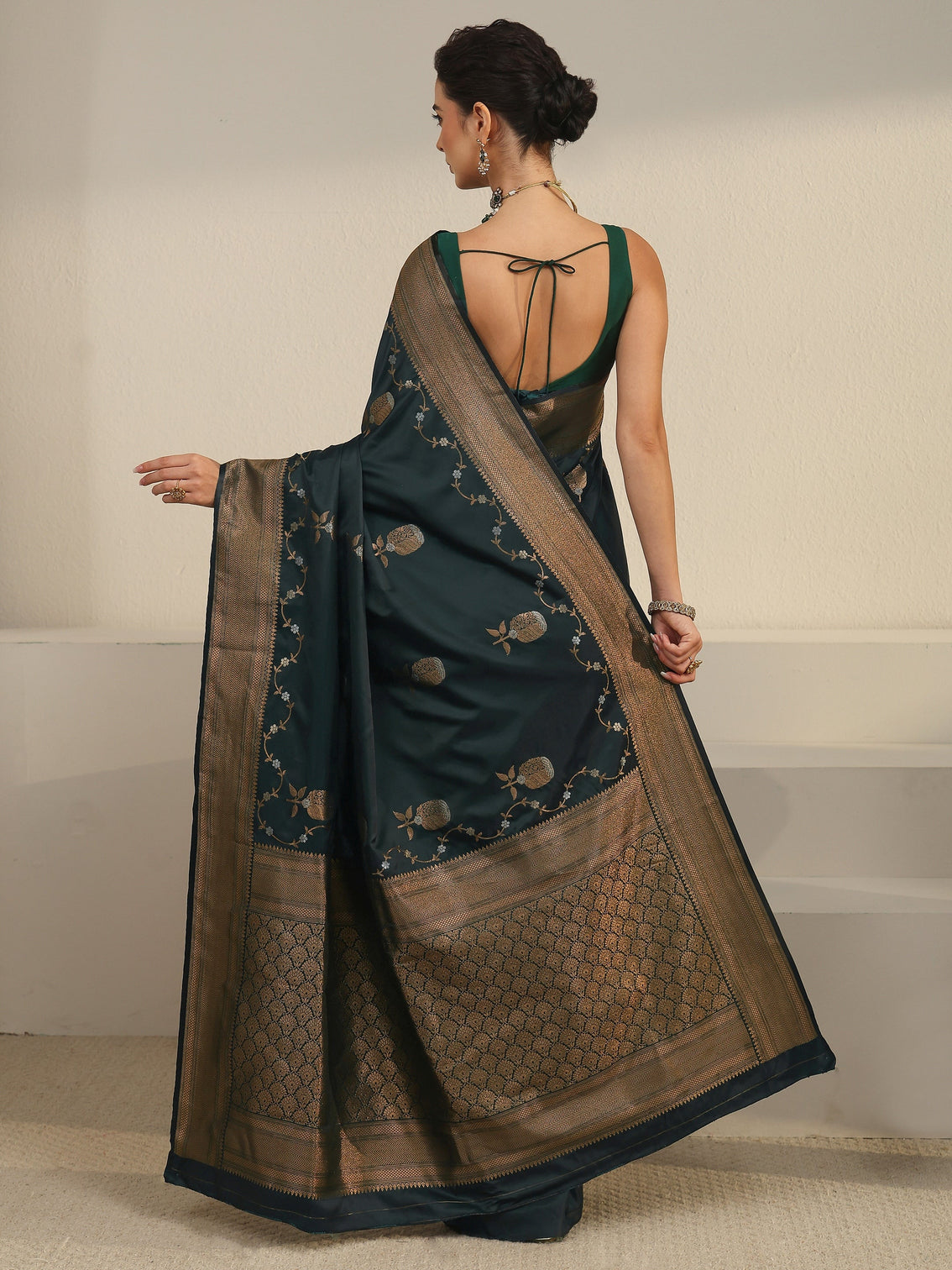 Mameraa Pine Green Banarasi Satin Saree