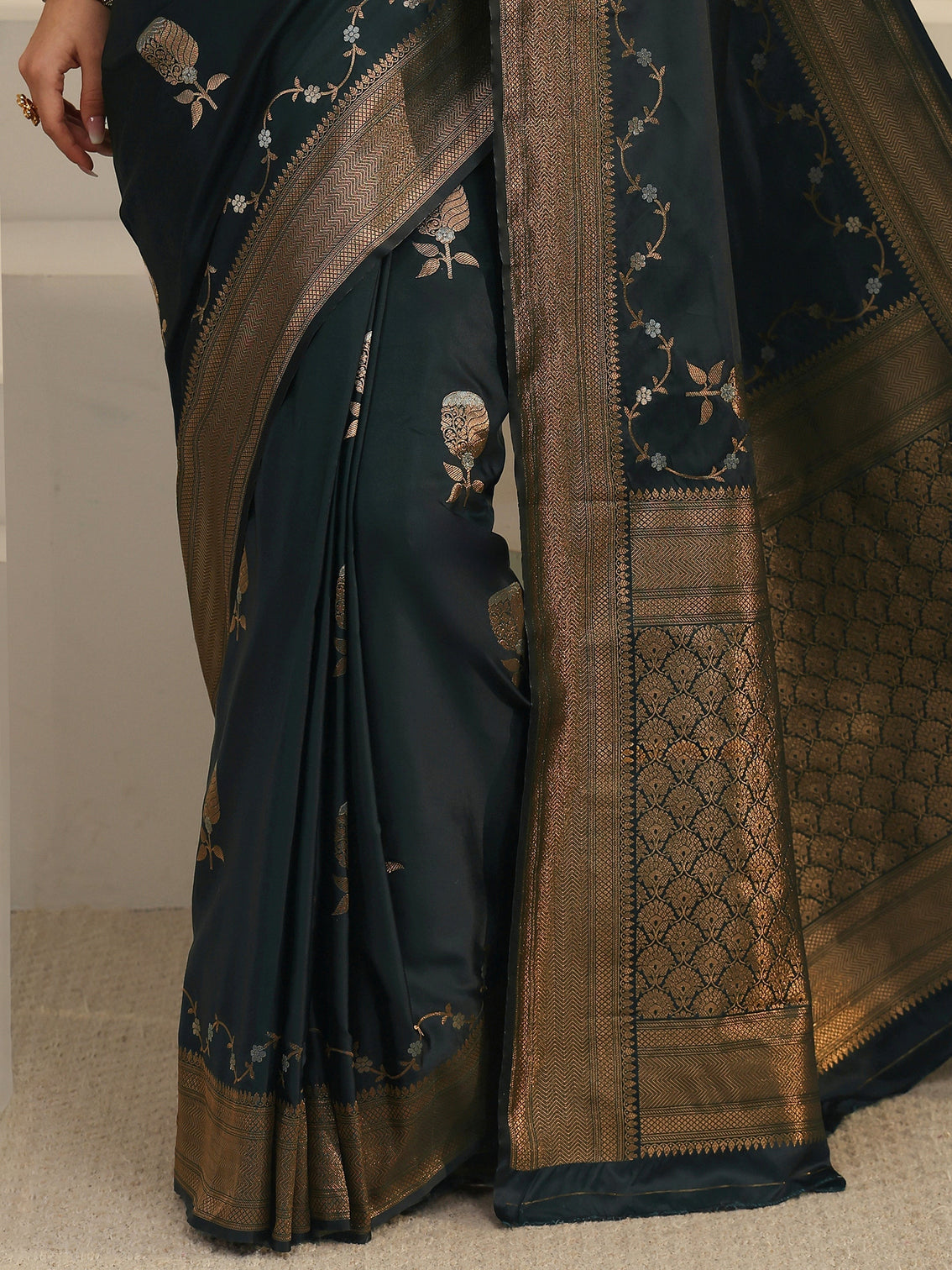 Mameraa Pine Green Banarasi Satin Saree