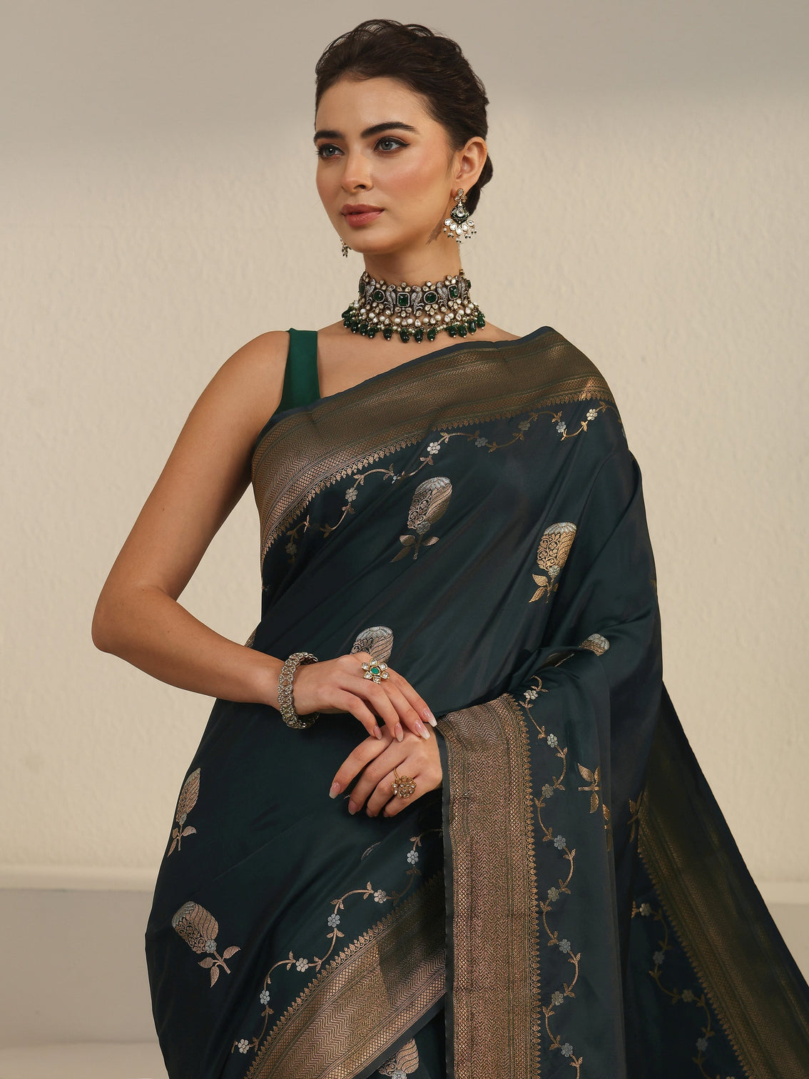 Mameraa Pine Green Banarasi Satin Saree