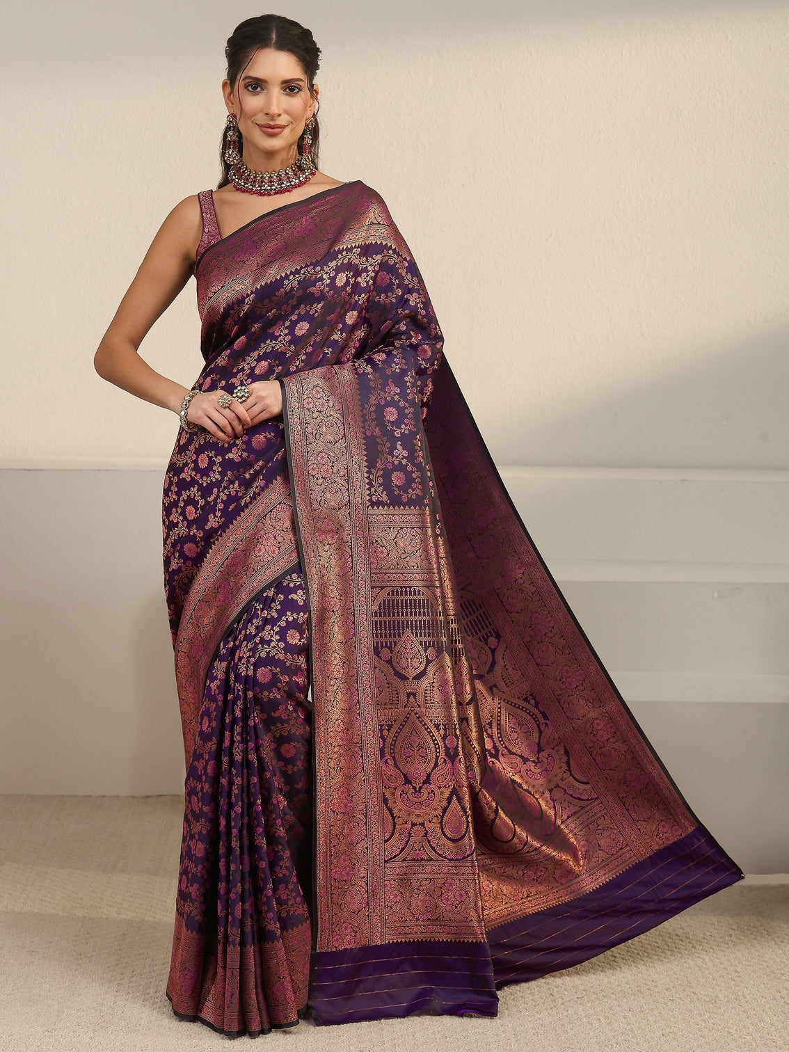 Mameraa Purple Floral Woven Design Silk Blend Banarasi Saree