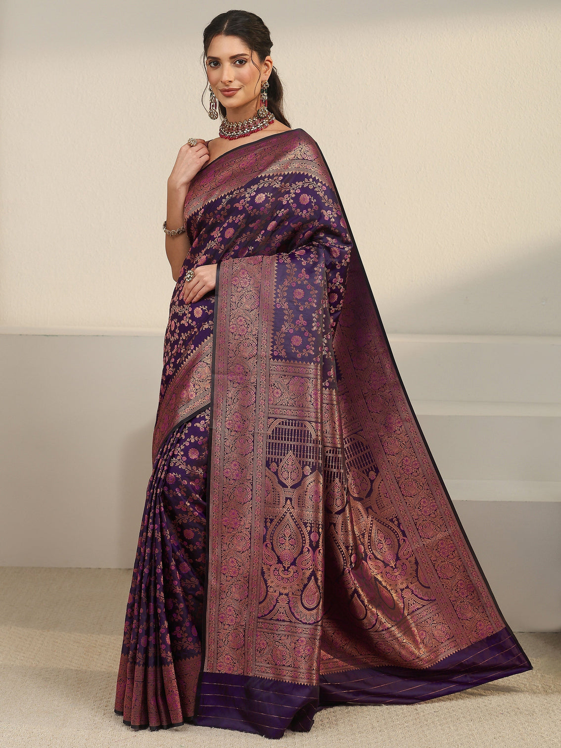 Mameraa Purple Floral Woven Design Silk Blend Banarasi Saree
