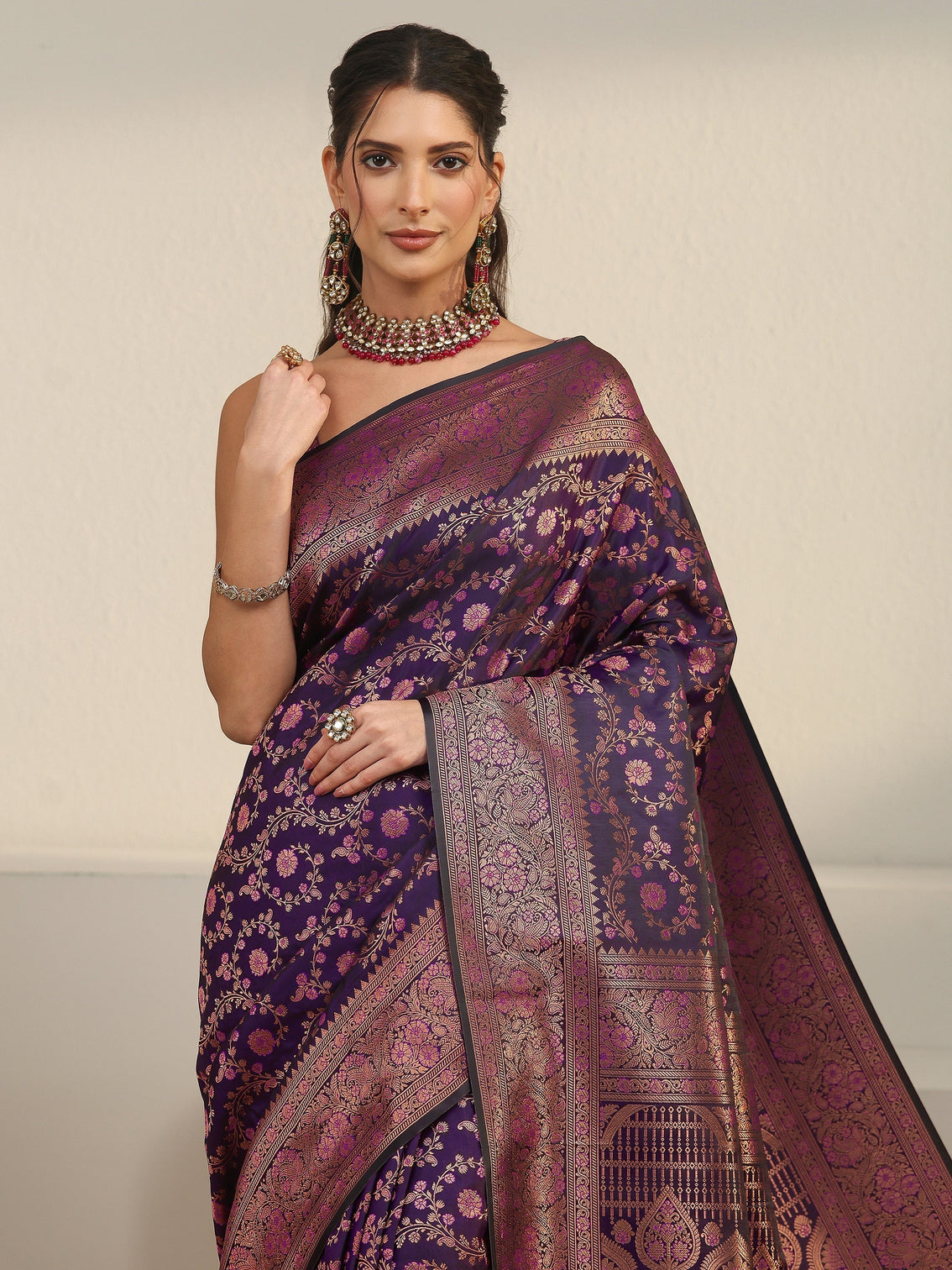 Mameraa Purple Floral Woven Design Silk Blend Banarasi Saree