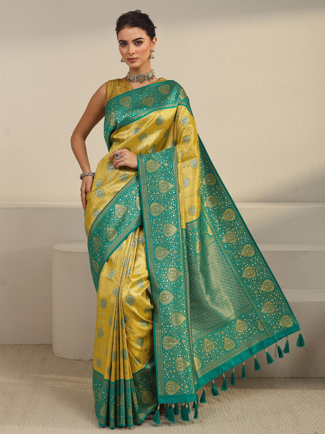 Mameraa Mustard Leaf Woven Design Brocade Saree