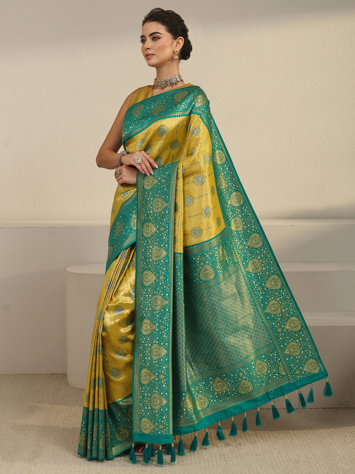 Mameraa Mustard Leaf Woven Design Brocade Saree