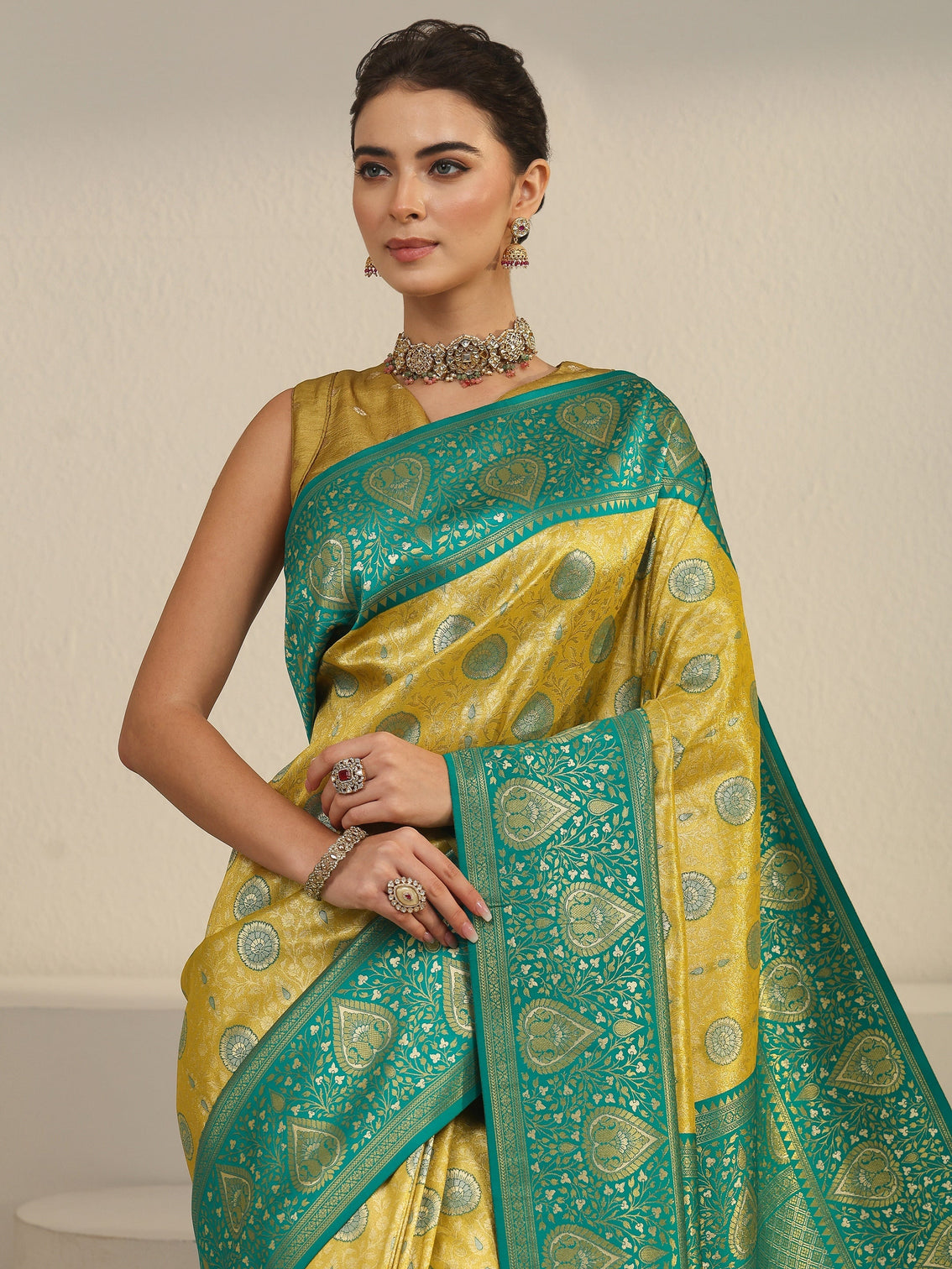 Mameraa Mustard Leaf Woven Design Brocade Saree