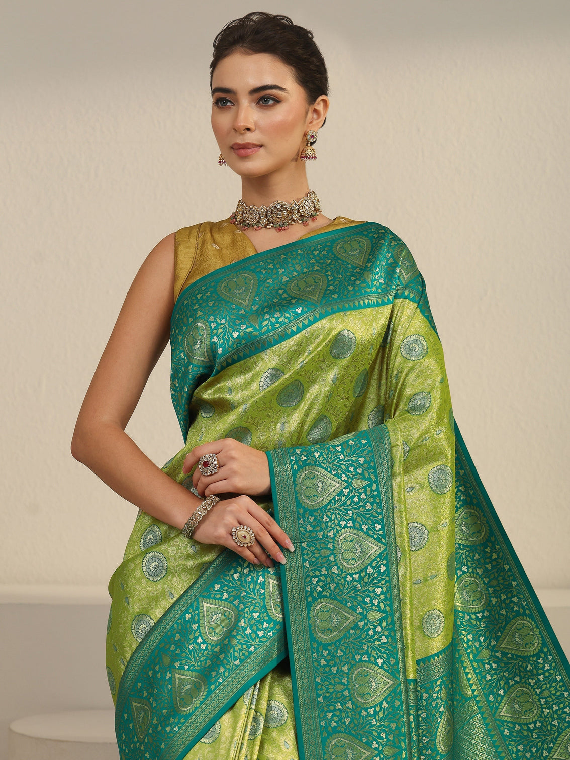Mameraa Green Leaf Woven Design Brocade Saree