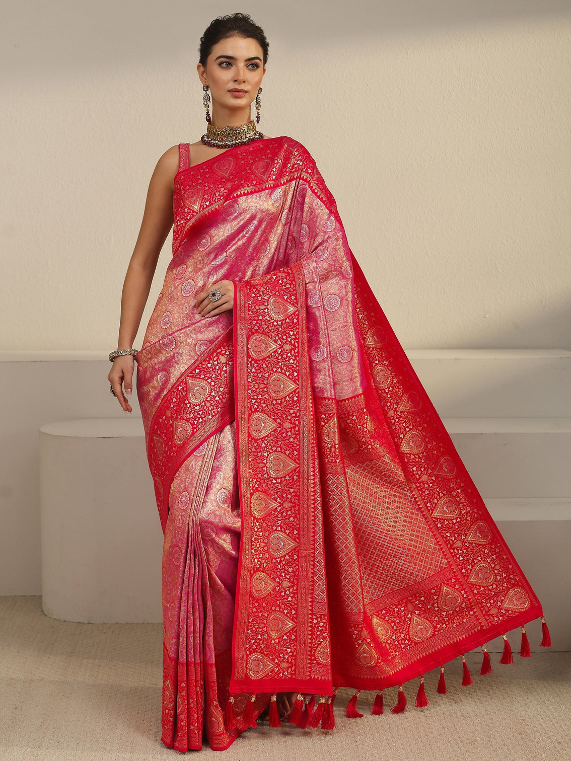 Mameraa Pink Leaf Woven Design Brocade Saree