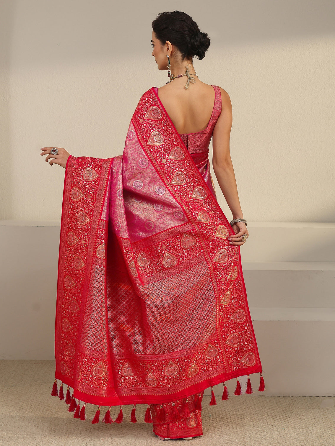Mameraa Pink Leaf Woven Design Brocade Saree