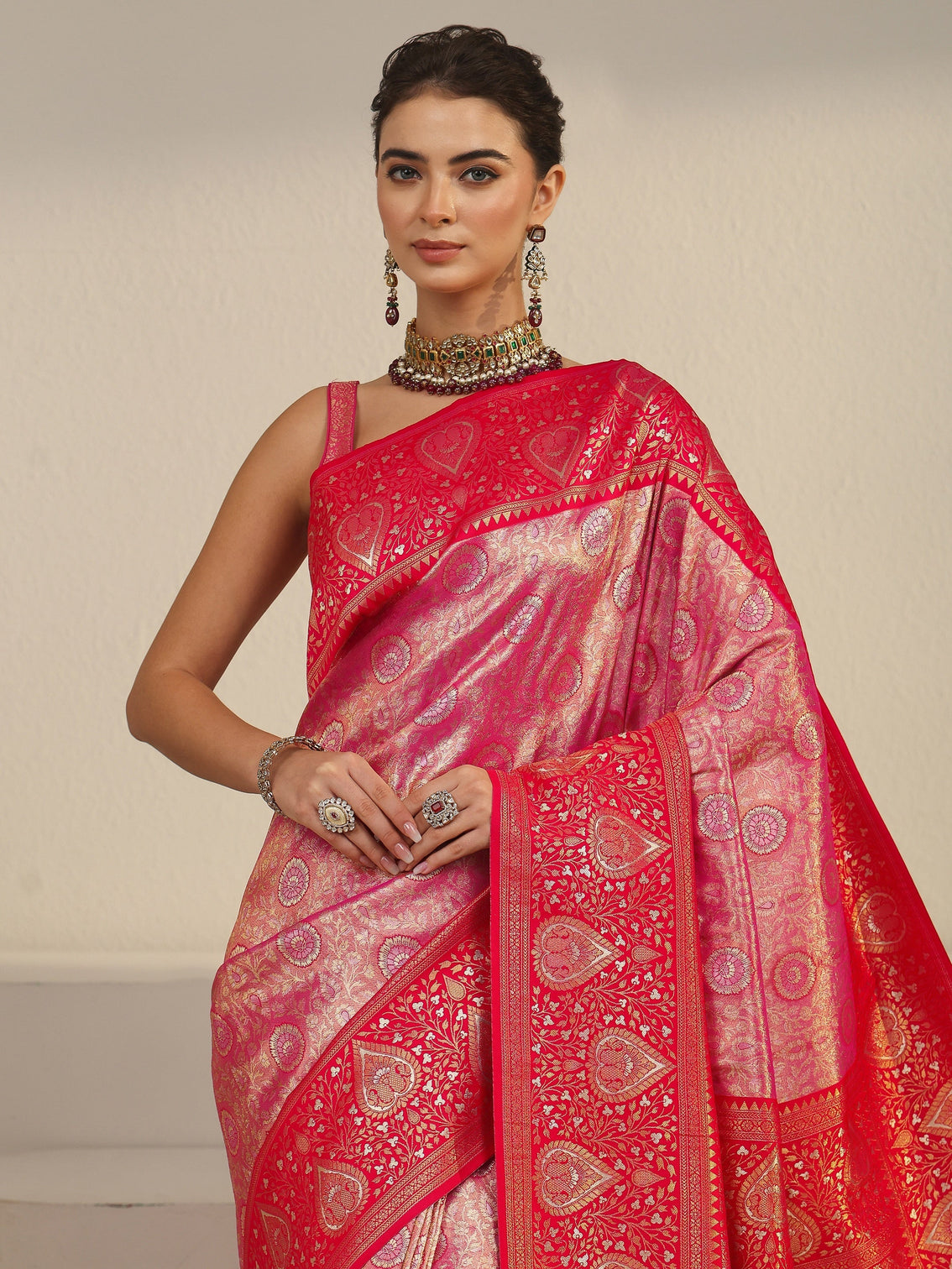 Mameraa Pink Leaf Woven Design Brocade Saree