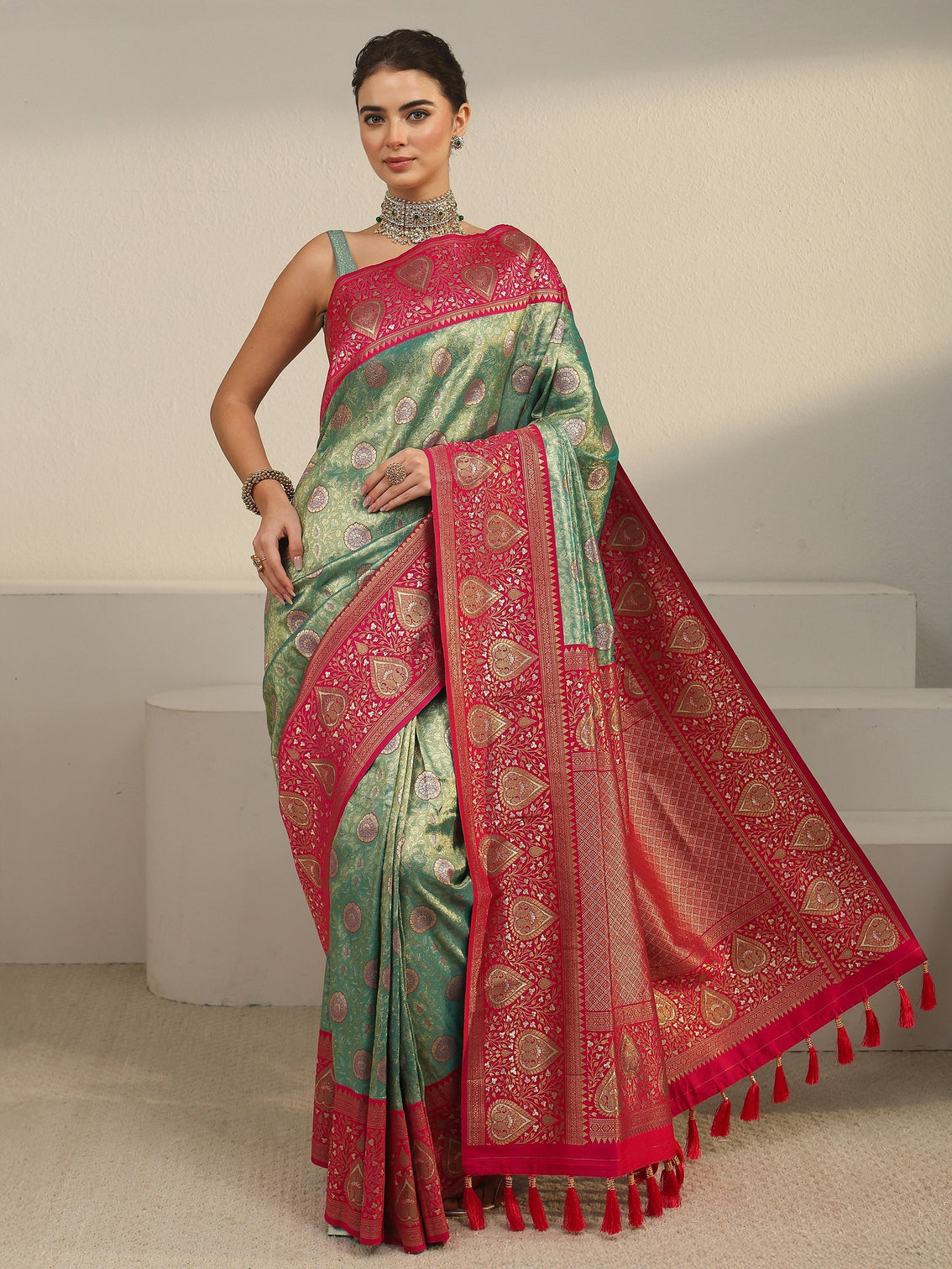 Mameraa Green and Red Leaf Woven Design Brocade Saree
