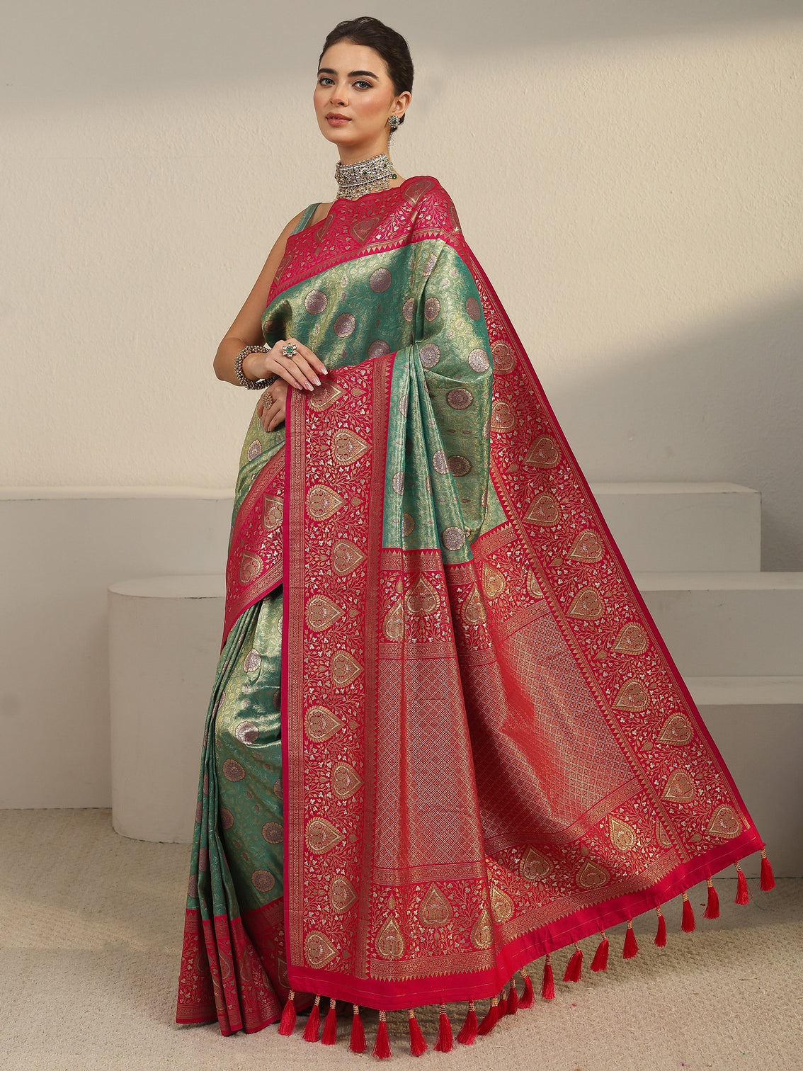 Mameraa Green and Red Leaf Woven Design Brocade Saree