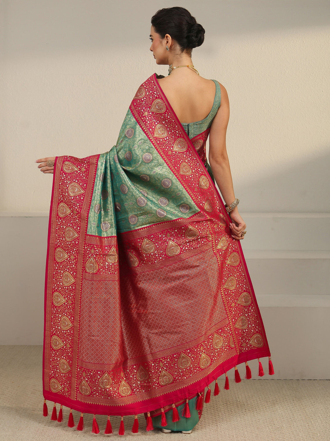 Mameraa Green and Red Leaf Woven Design Brocade Saree