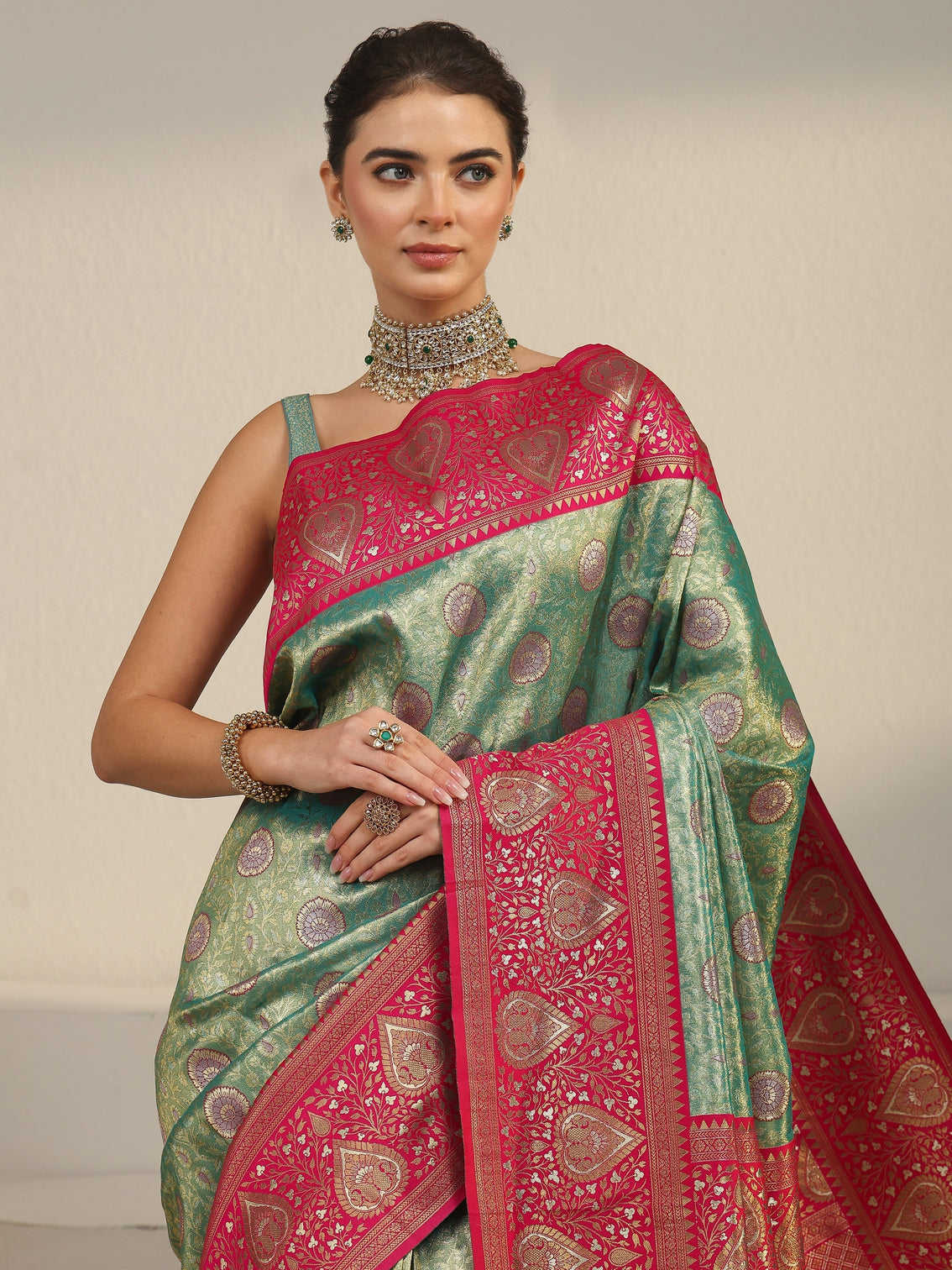 Mameraa Green and Red Leaf Woven Design Brocade Saree