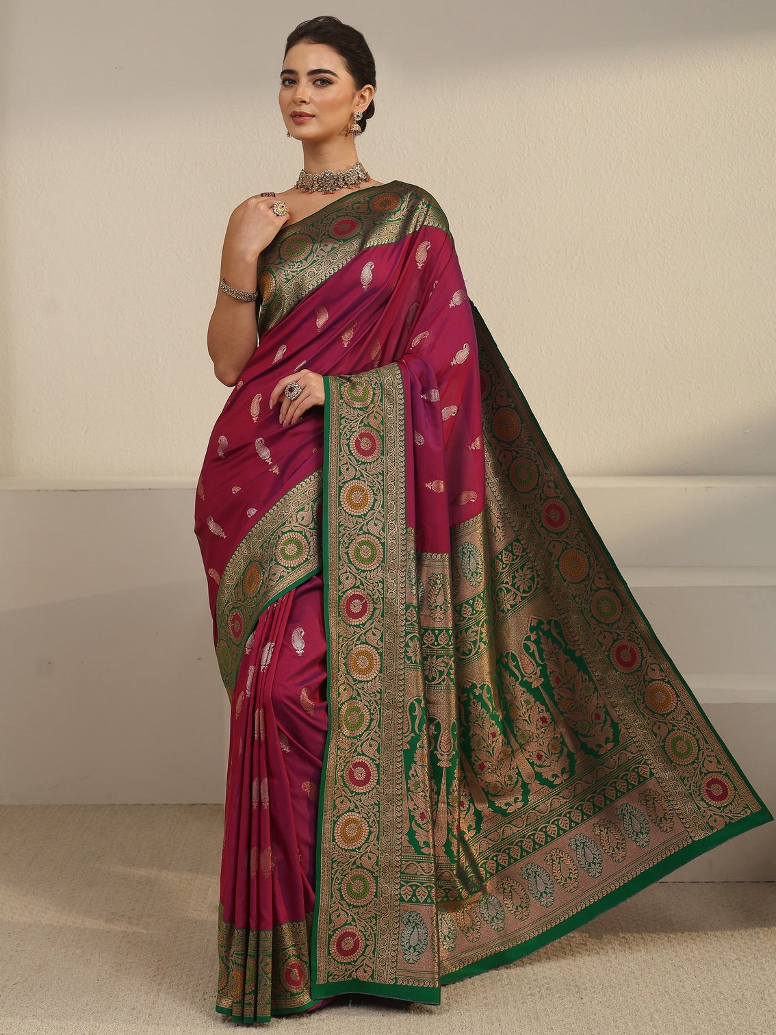 Mameraa Magenta Pink Woven Design Silk Blend Saree