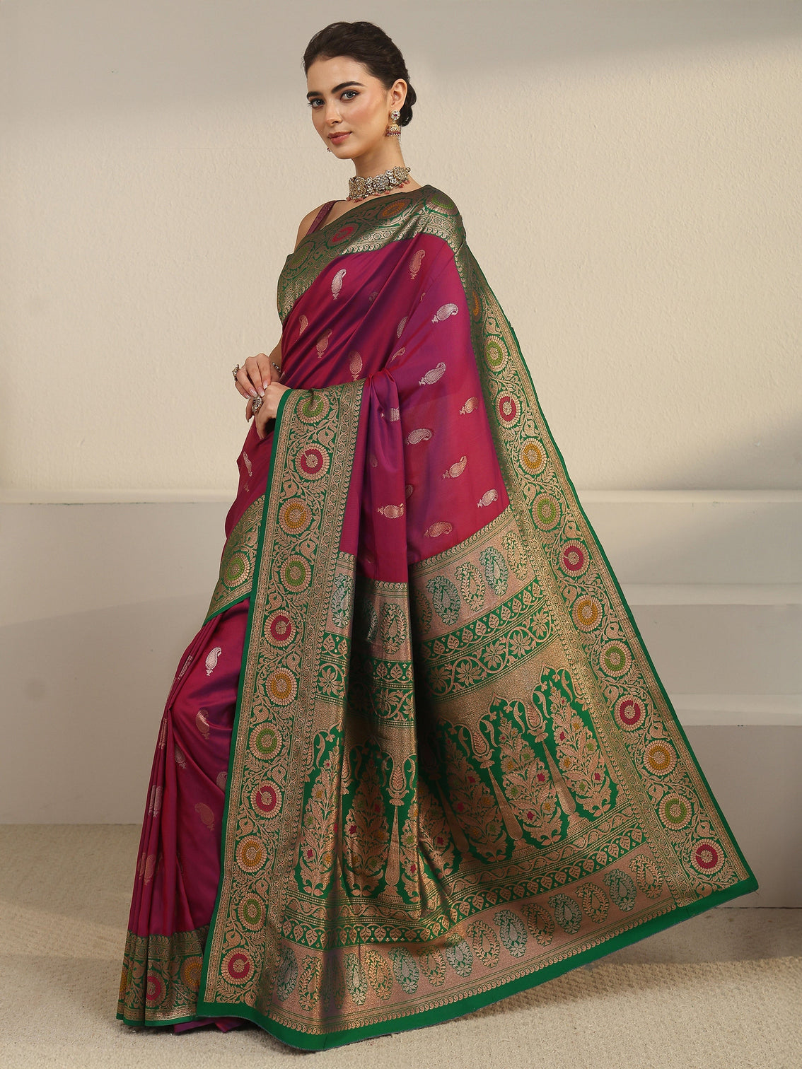 Mameraa Magenta Pink Woven Design Silk Blend Saree