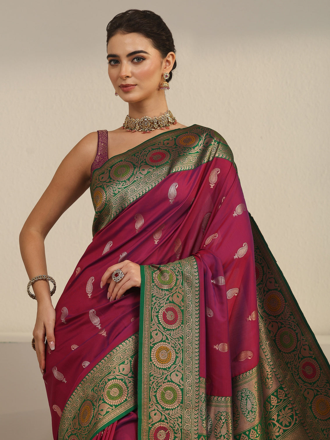 Mameraa Magenta Pink Woven Design Silk Blend Saree