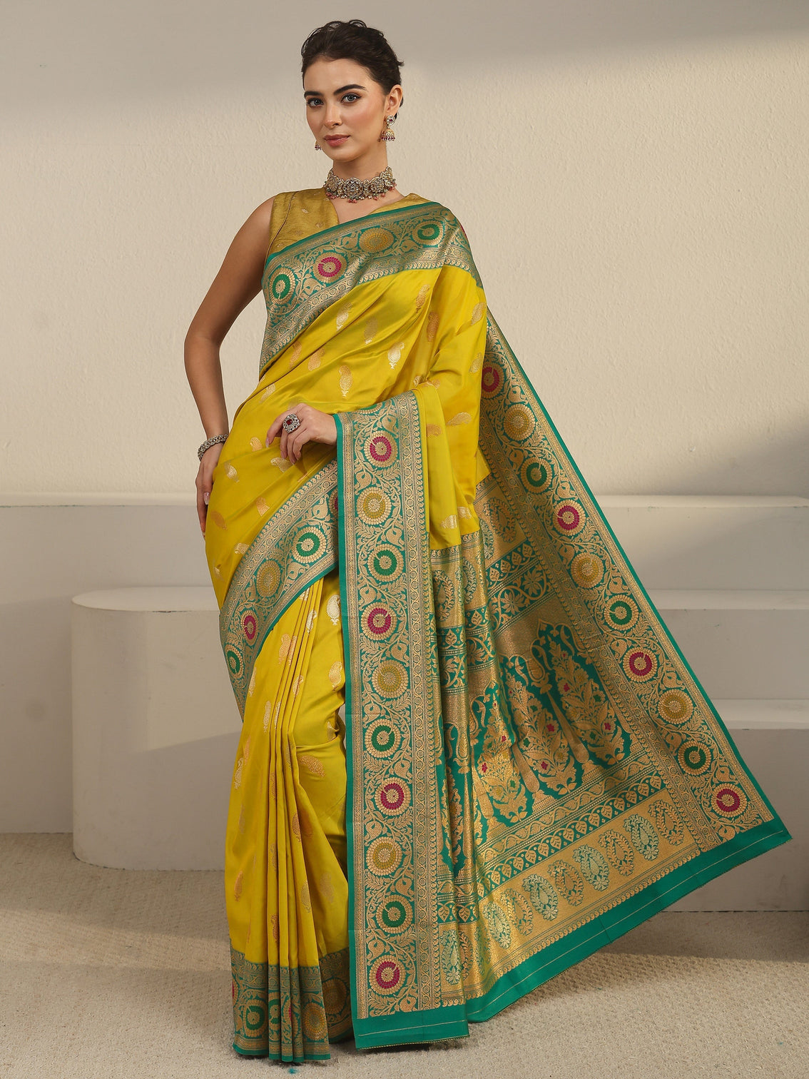 Mameraa Yellow Woven Design Silk Blend Saree