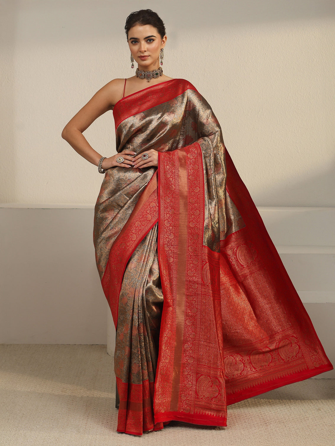 Mameraa Taupe Grey and Red Floral Woven Design Brocade Saree