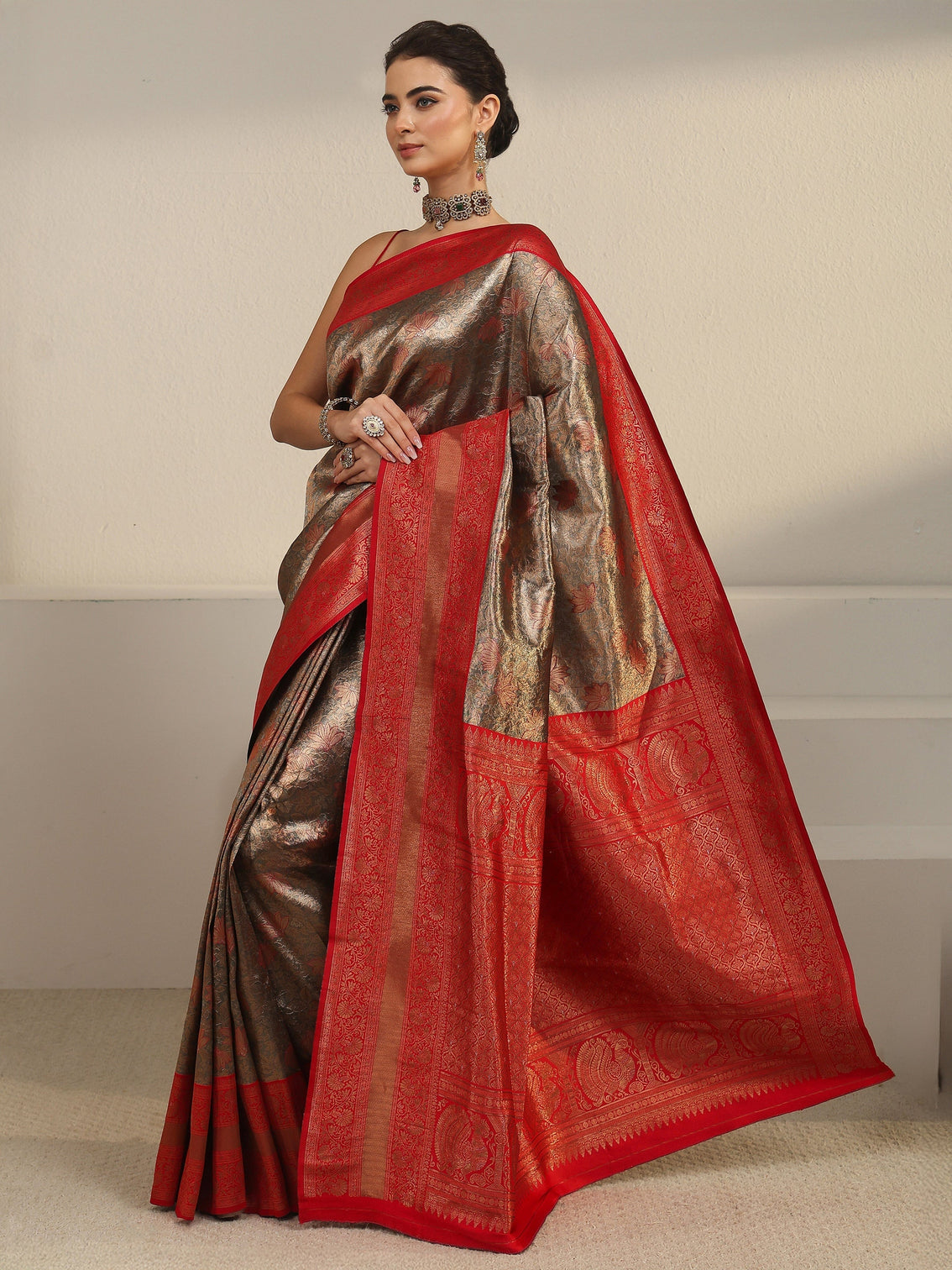Mameraa Taupe Grey and Red Floral Woven Design Brocade Saree
