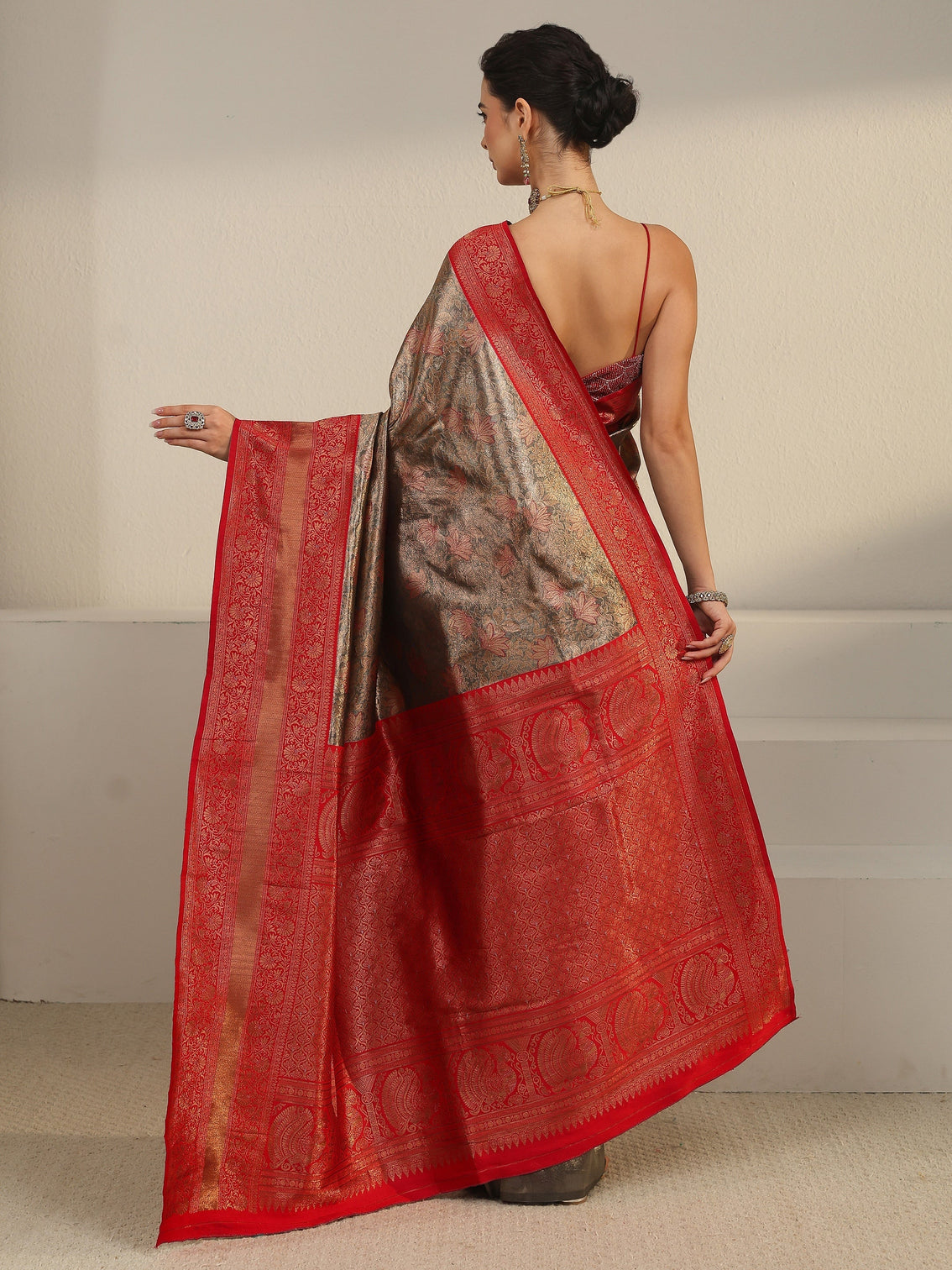 Mameraa Taupe Grey and Red Floral Woven Design Brocade Saree