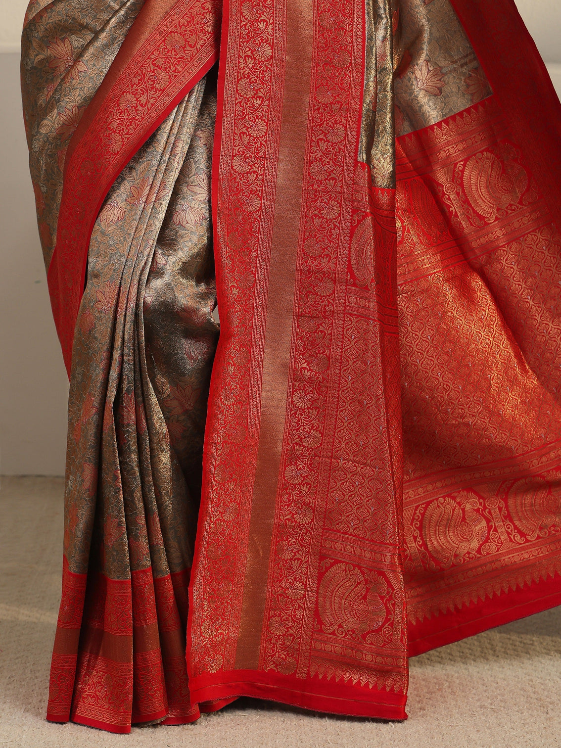 Mameraa Taupe Grey and Red Floral Woven Design Brocade Saree
