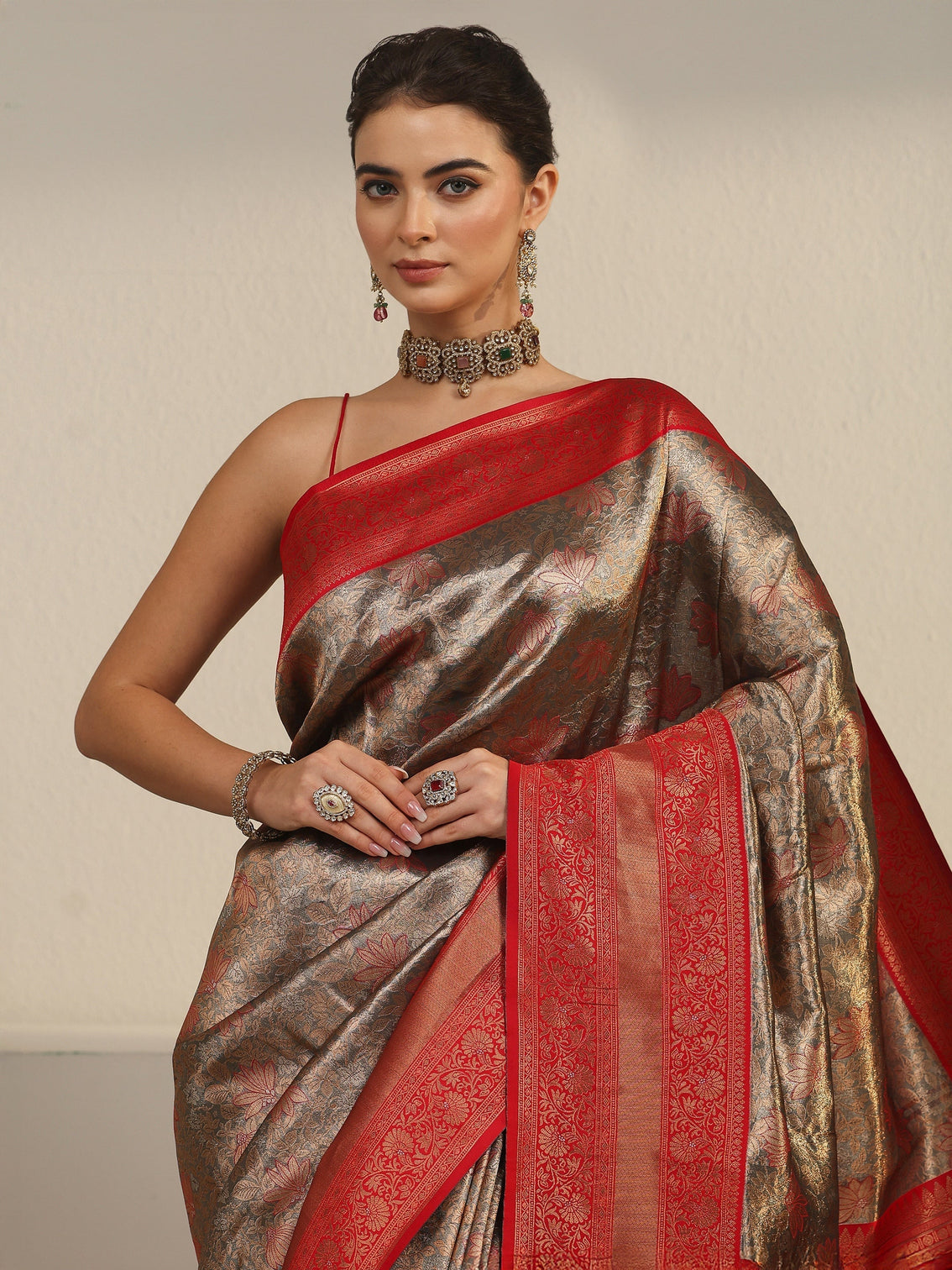 Mameraa Taupe Grey and Red Floral Woven Design Brocade Saree