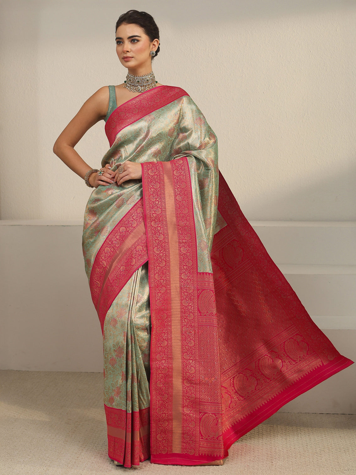 Mameraa Sage Green and Pink Floral Woven Design Brocade Saree