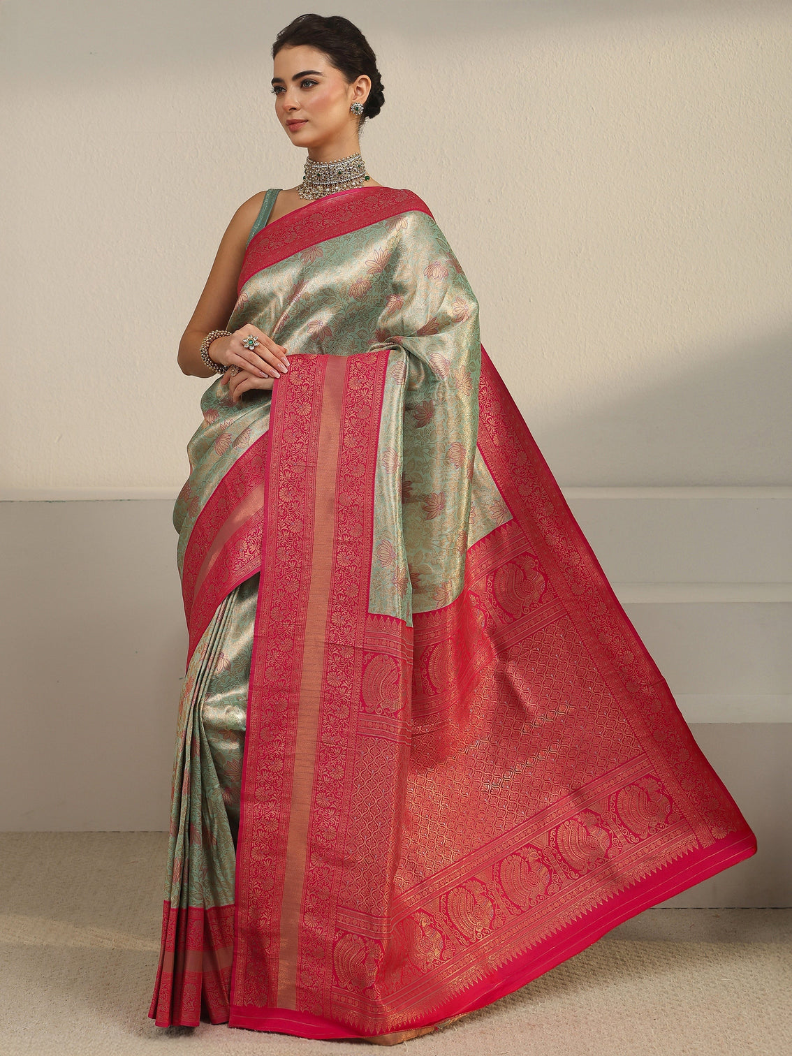 Mameraa Sage Green and Pink Floral Woven Design Brocade Saree