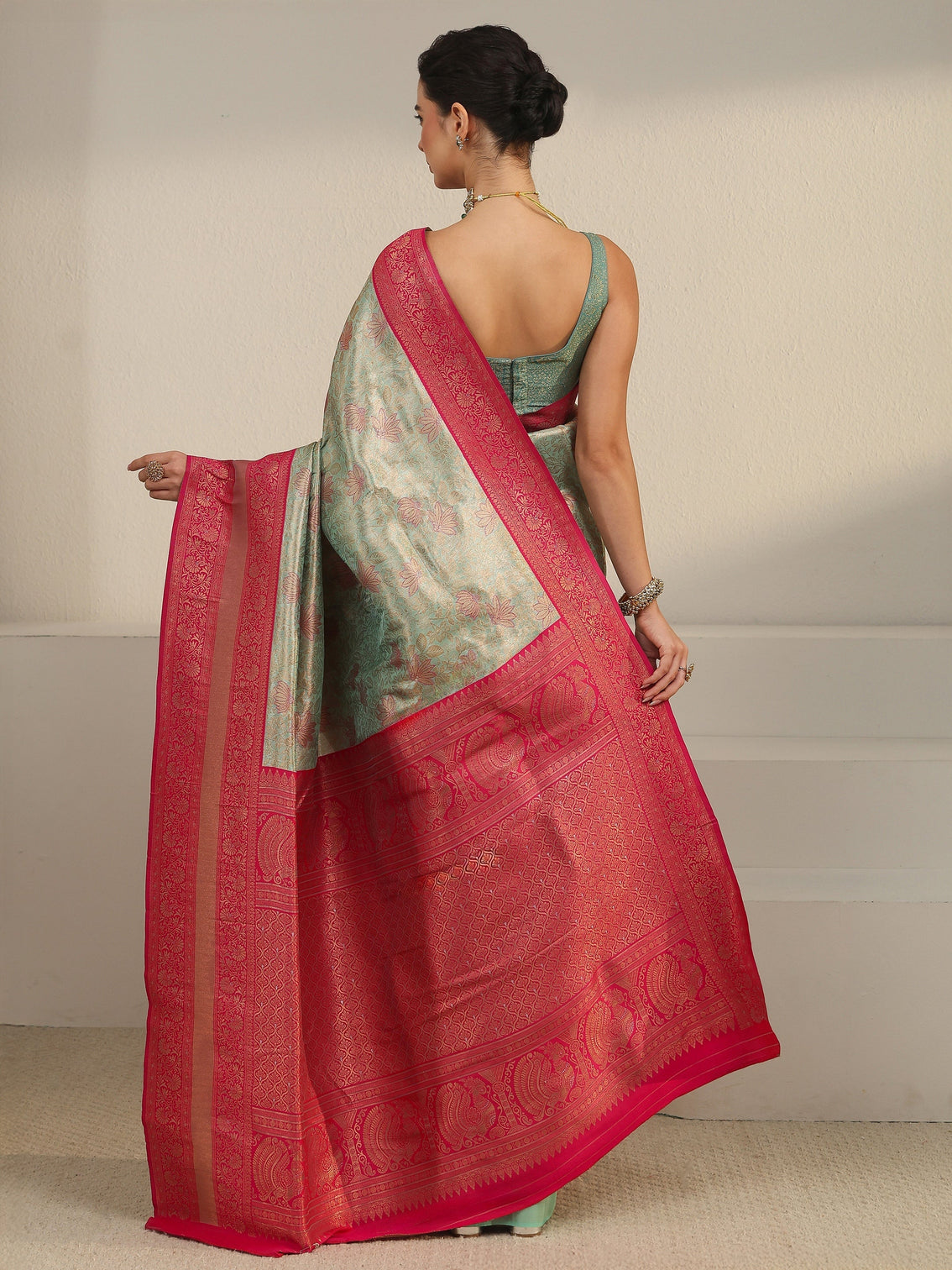 Mameraa Sage Green and Pink Floral Woven Design Brocade Saree