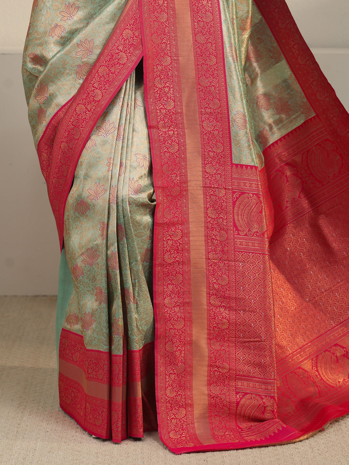 Mameraa Sage Green and Pink Floral Woven Design Brocade Saree