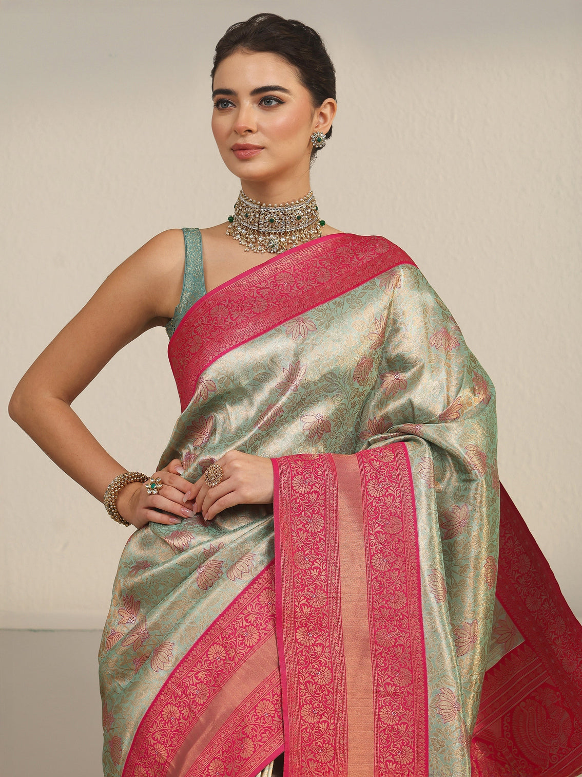Mameraa Sage Green and Pink Floral Woven Design Brocade Saree