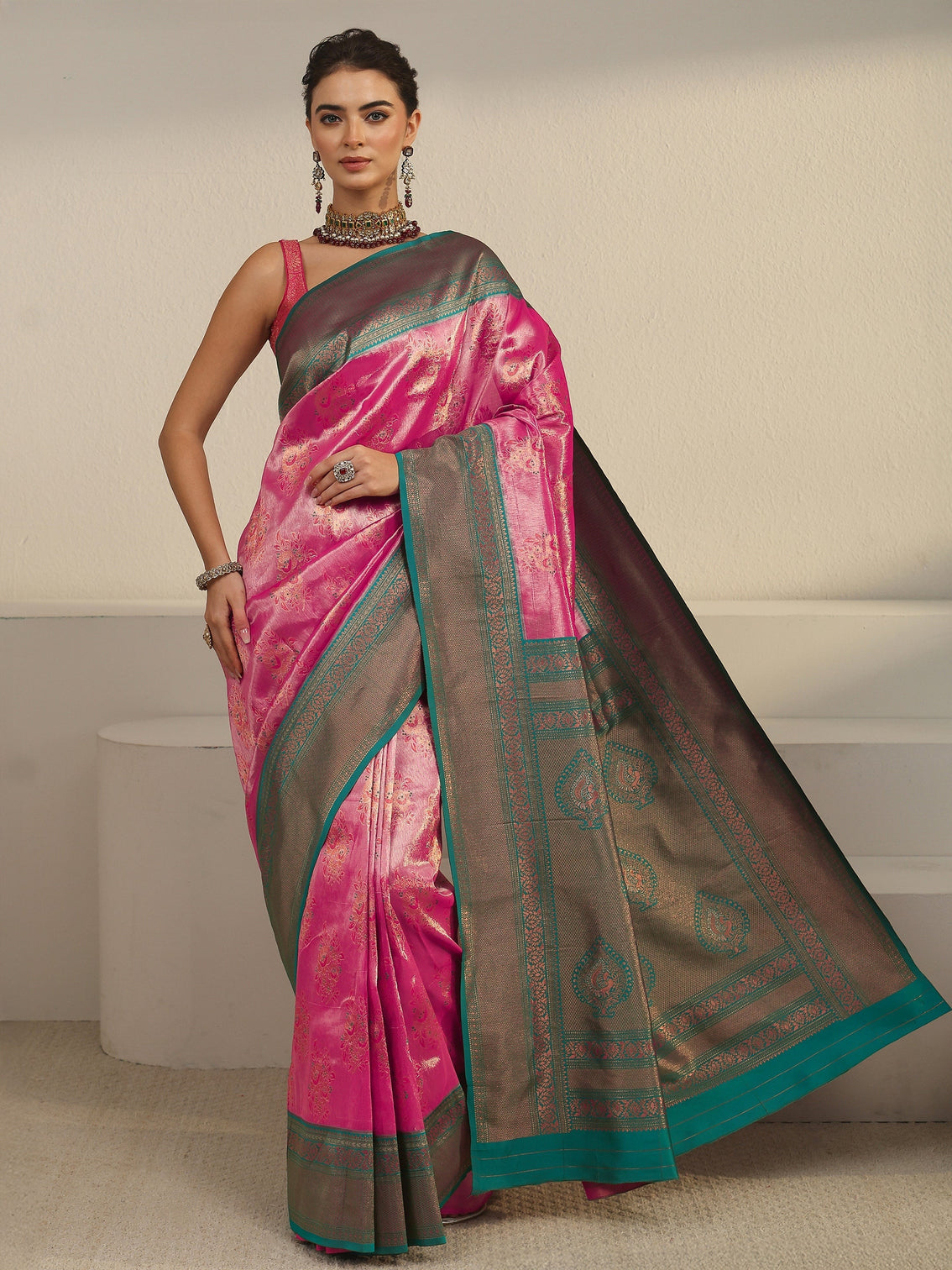 Mameraa Pink Floral Woven Design Silk Blend Saree