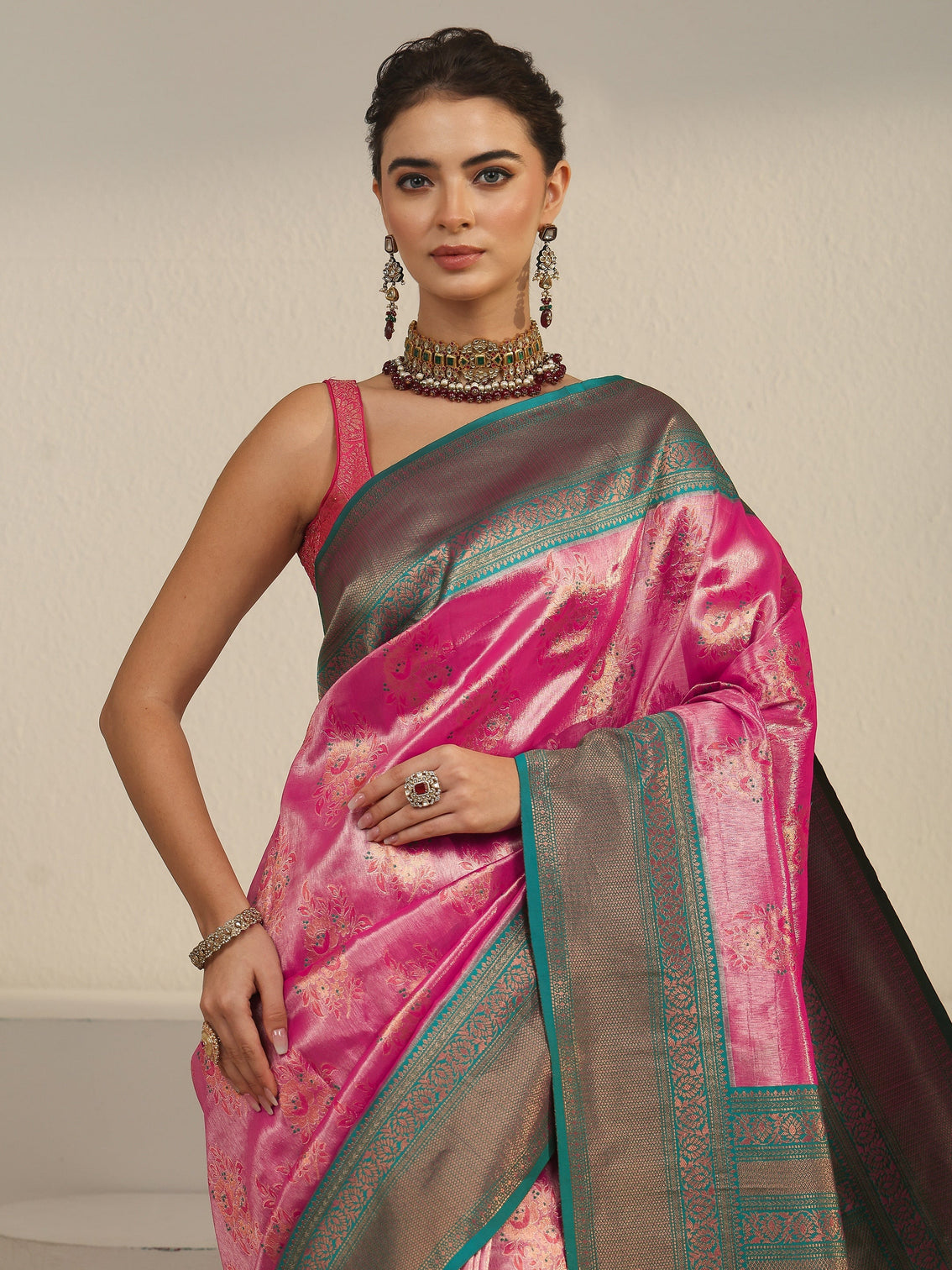 Mameraa Pink Floral Woven Design Silk Blend Saree