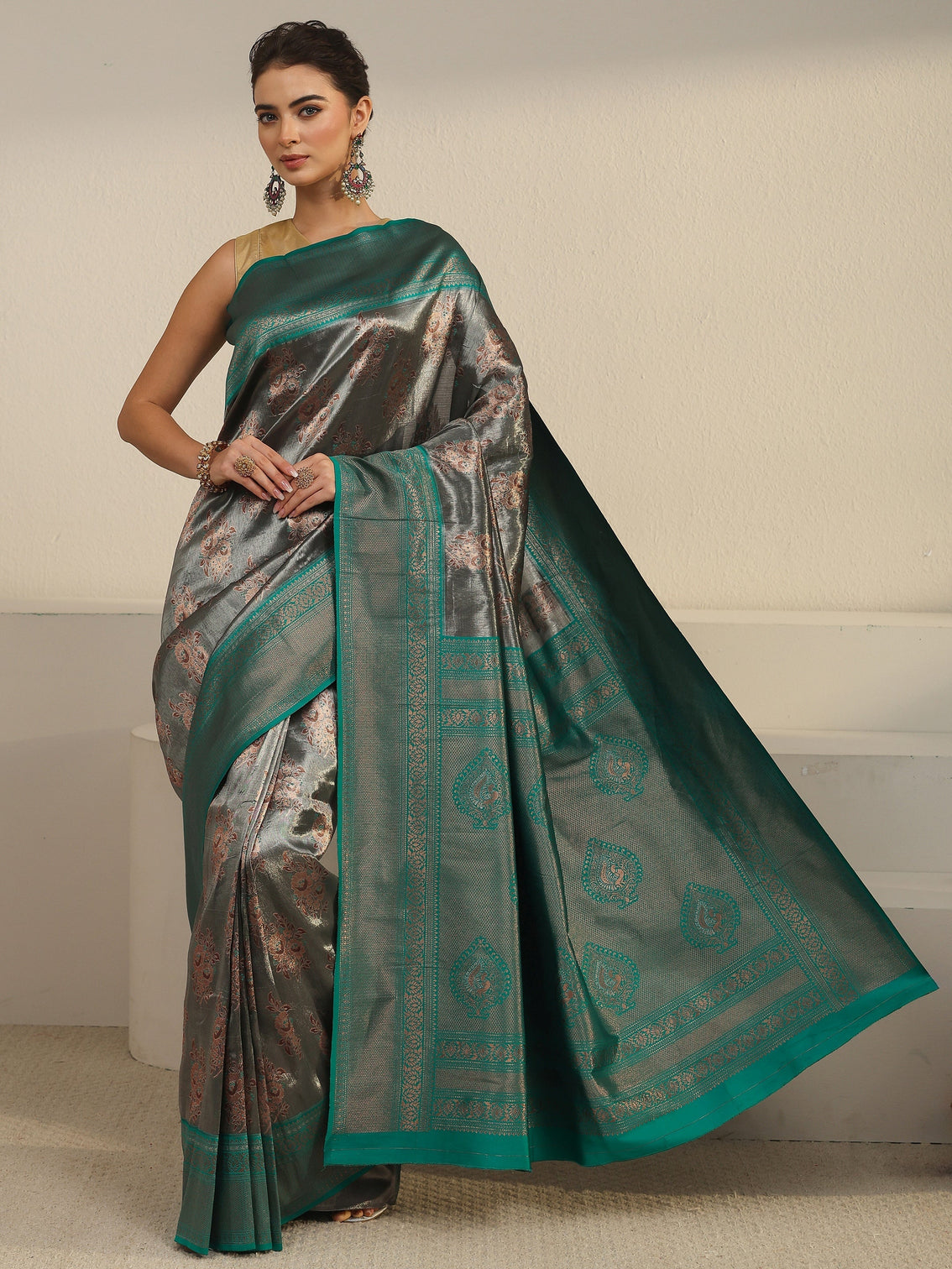 Mameraa Grey and Teal Green Floral Woven Design Silk Blend Saree