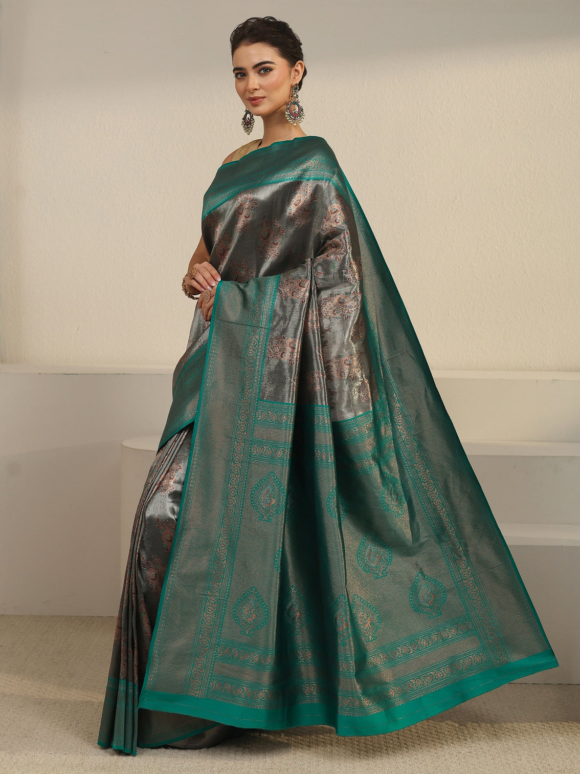 Mameraa Grey and Teal Green Floral Woven Design Silk Blend Saree