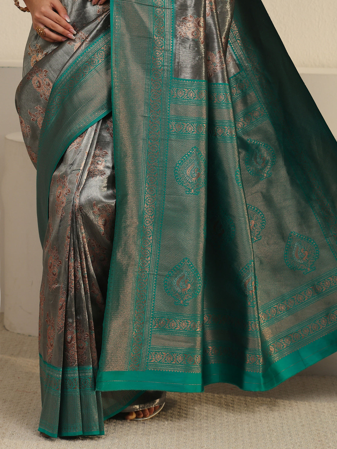 Mameraa Grey and Teal Green Floral Woven Design Silk Blend Saree