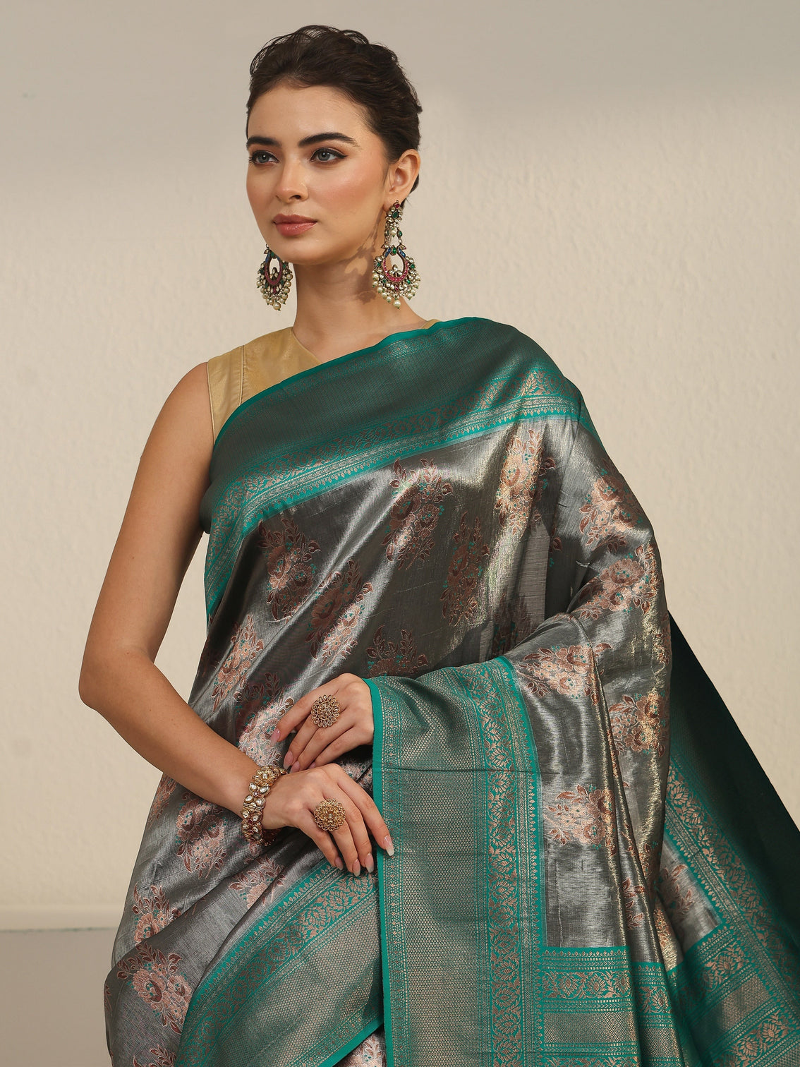 Mameraa Grey and Teal Green Floral Woven Design Silk Blend Saree