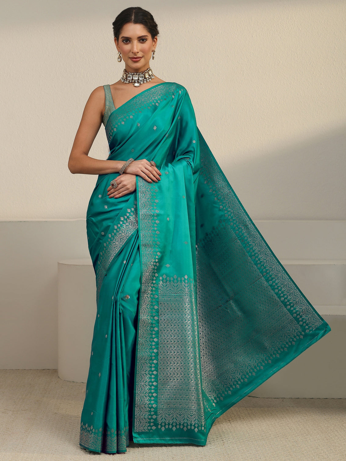 Mameraa Sea Green Embellished Woven Design Satin Saree