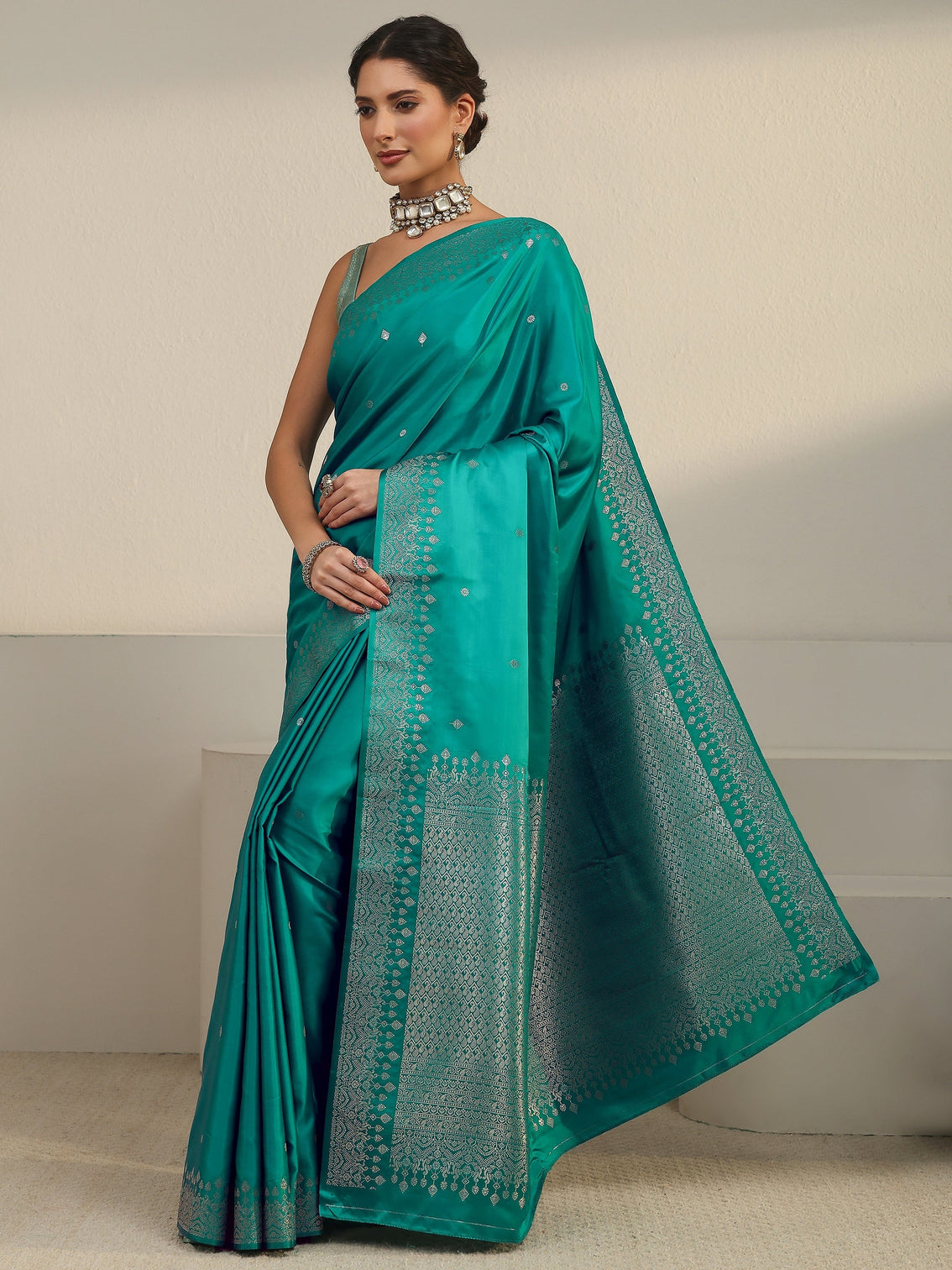 Mameraa Sea Green Embellished Woven Design Satin Saree