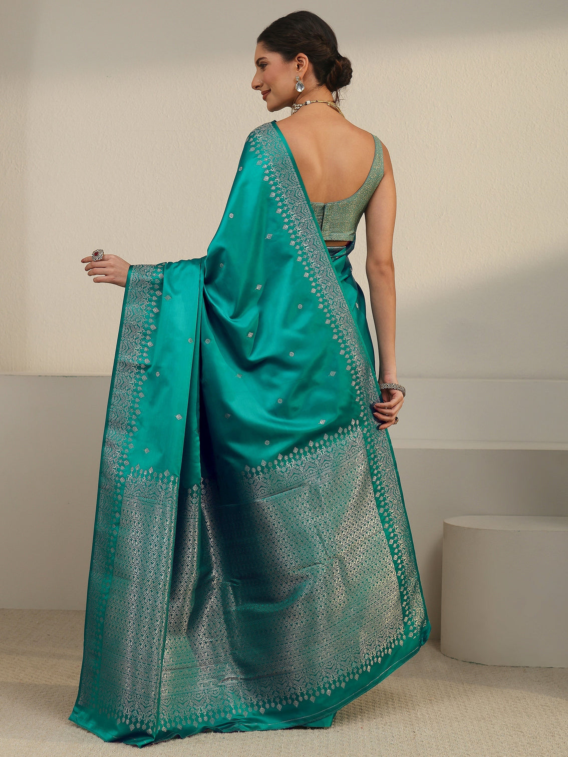 Mameraa Sea Green Embellished Woven Design Satin Saree