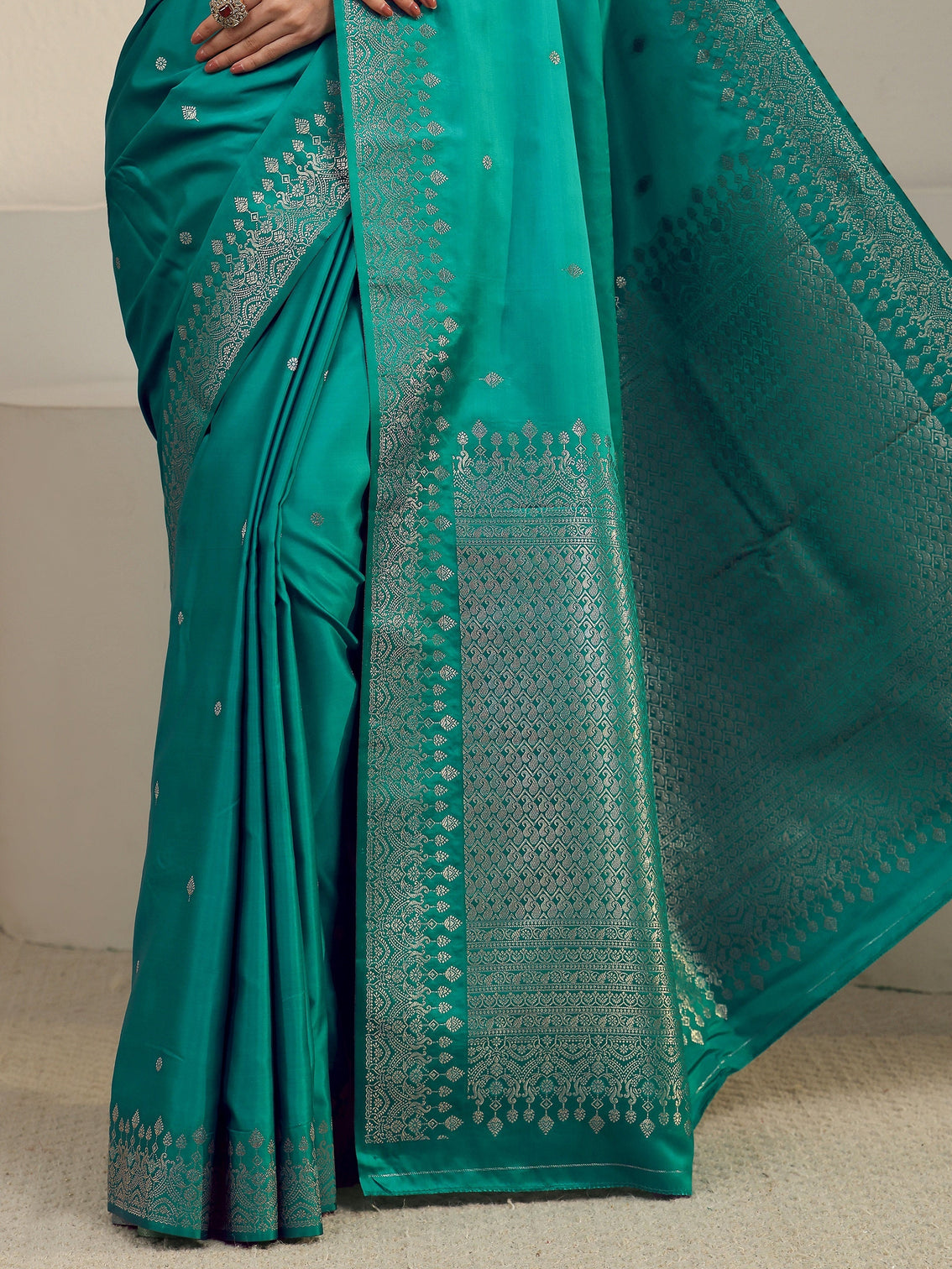 Mameraa Sea Green Embellished Woven Design Satin Saree