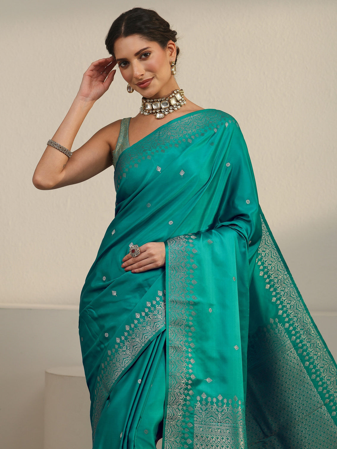 Mameraa Sea Green Embellished Woven Design Satin Saree